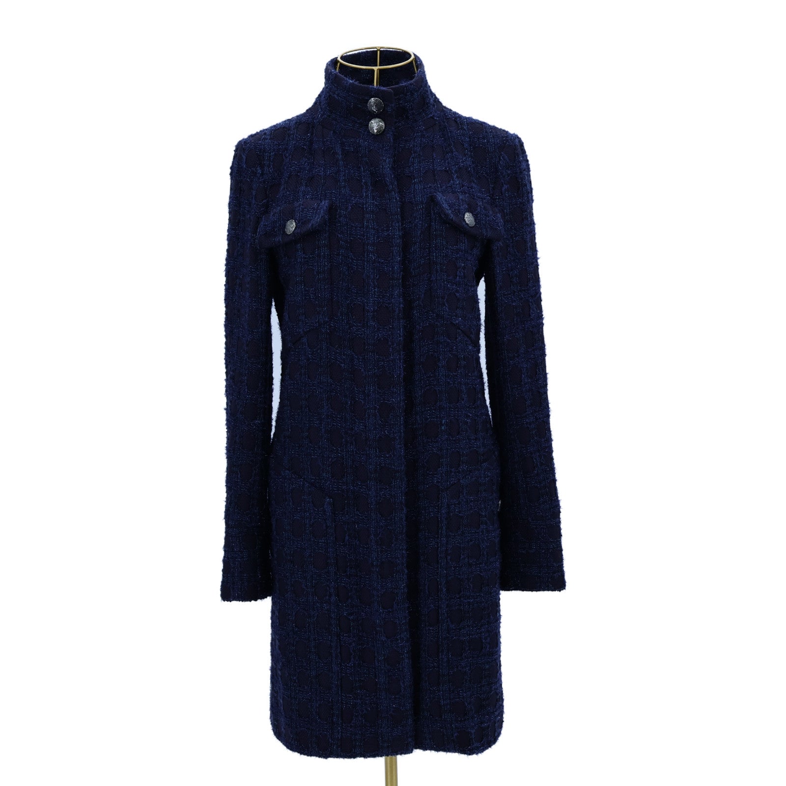 CHANEL Acrylic/Wool Coco Mark Tweed Stand Collar Coat大衣