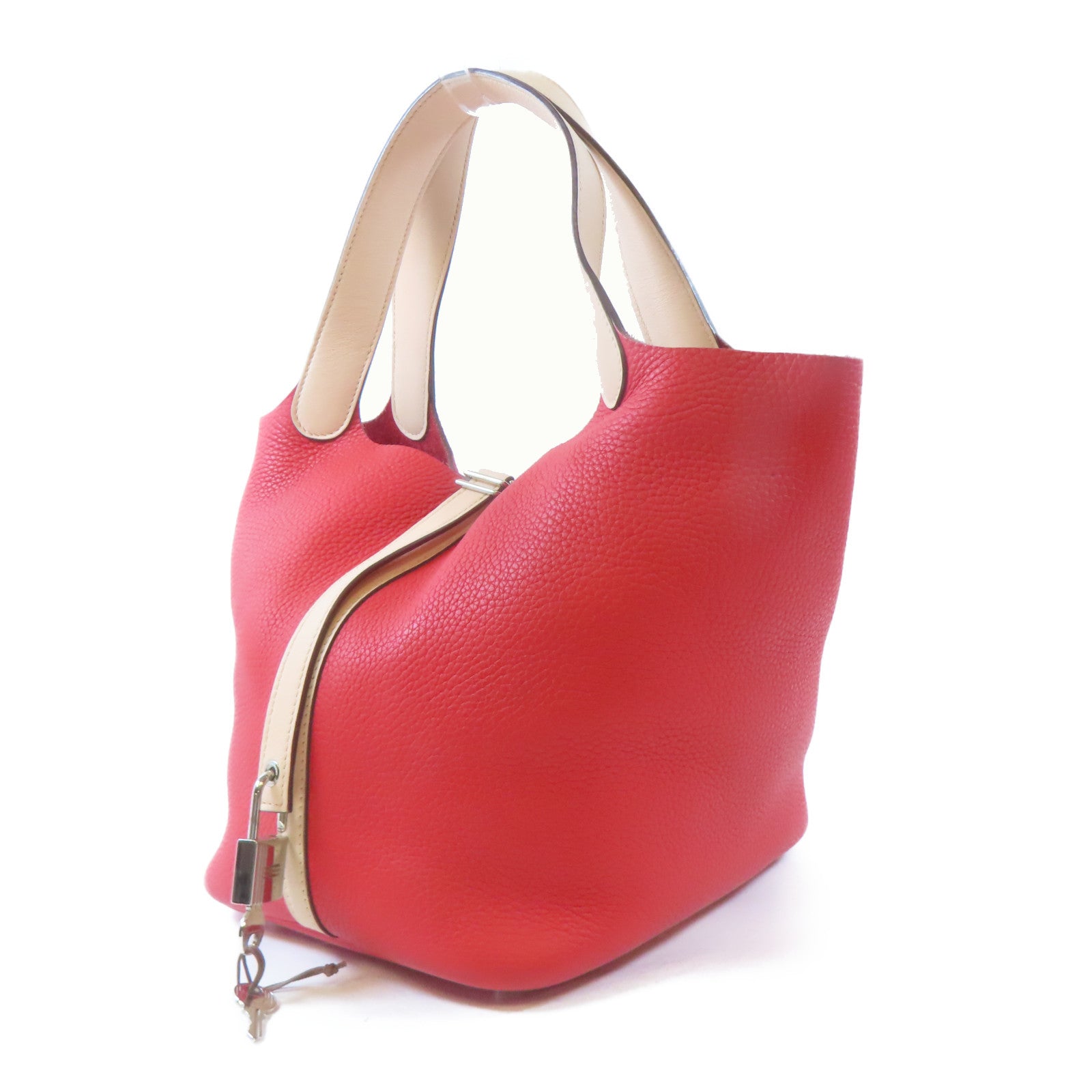 HERMES Clemence皮革/Swift皮革Picotin MM銀扣手挽袋Rose Eglantine/紅色