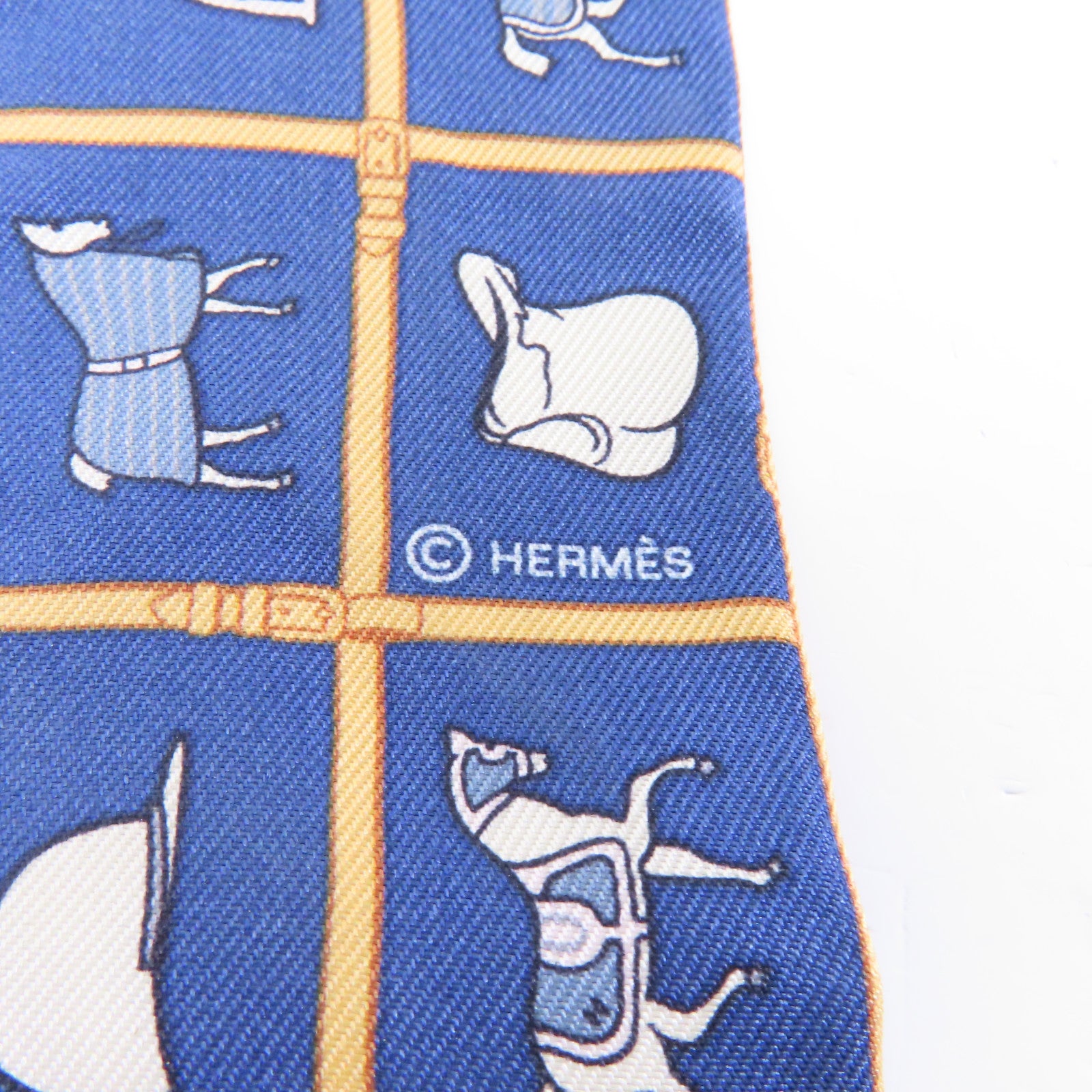 HERMES 絲質Twilly絲巾藍色/米色