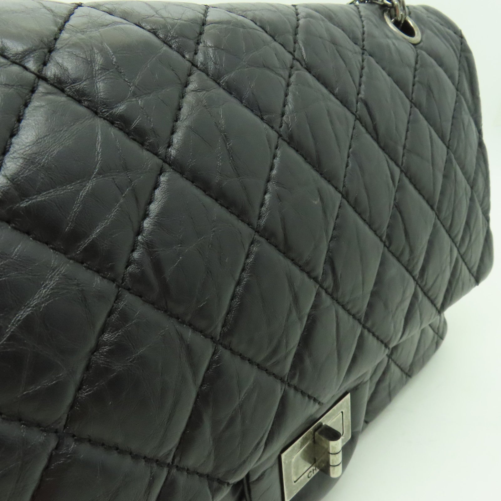 CHANEL Aged Calf皮革2.55銀扣鏈帶肩背袋黒色