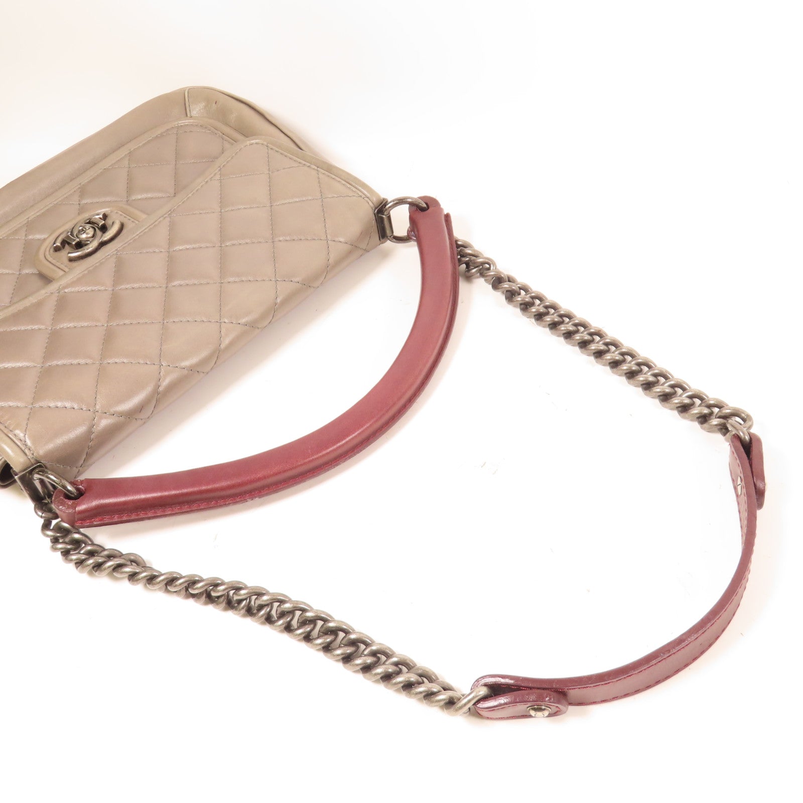 CHANEL 菱格牛皮皮革Chain Shoulder鏈帶手挽肩背兩用袋灰色