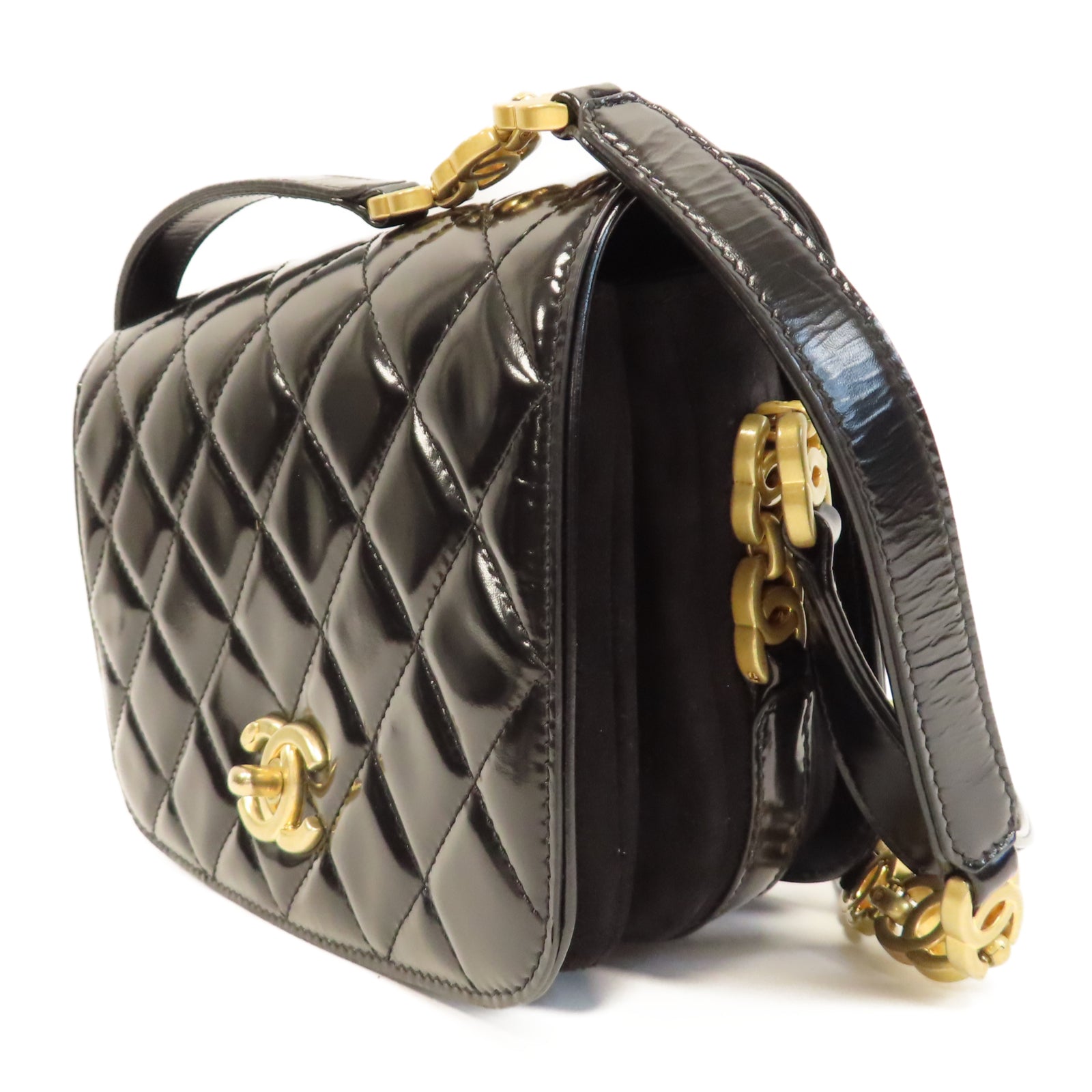 CHANEL 【激減優惠】菱格漆皮皮革Mini Messenger Bag金扣肩背袋黑色