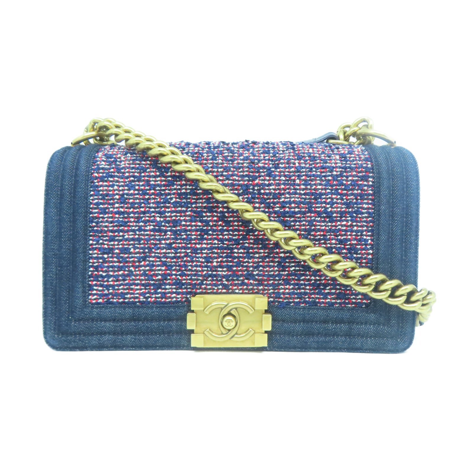 CHANEL 【清倉大減價】Tweed Boy Chanel金扣肩背袋藍色