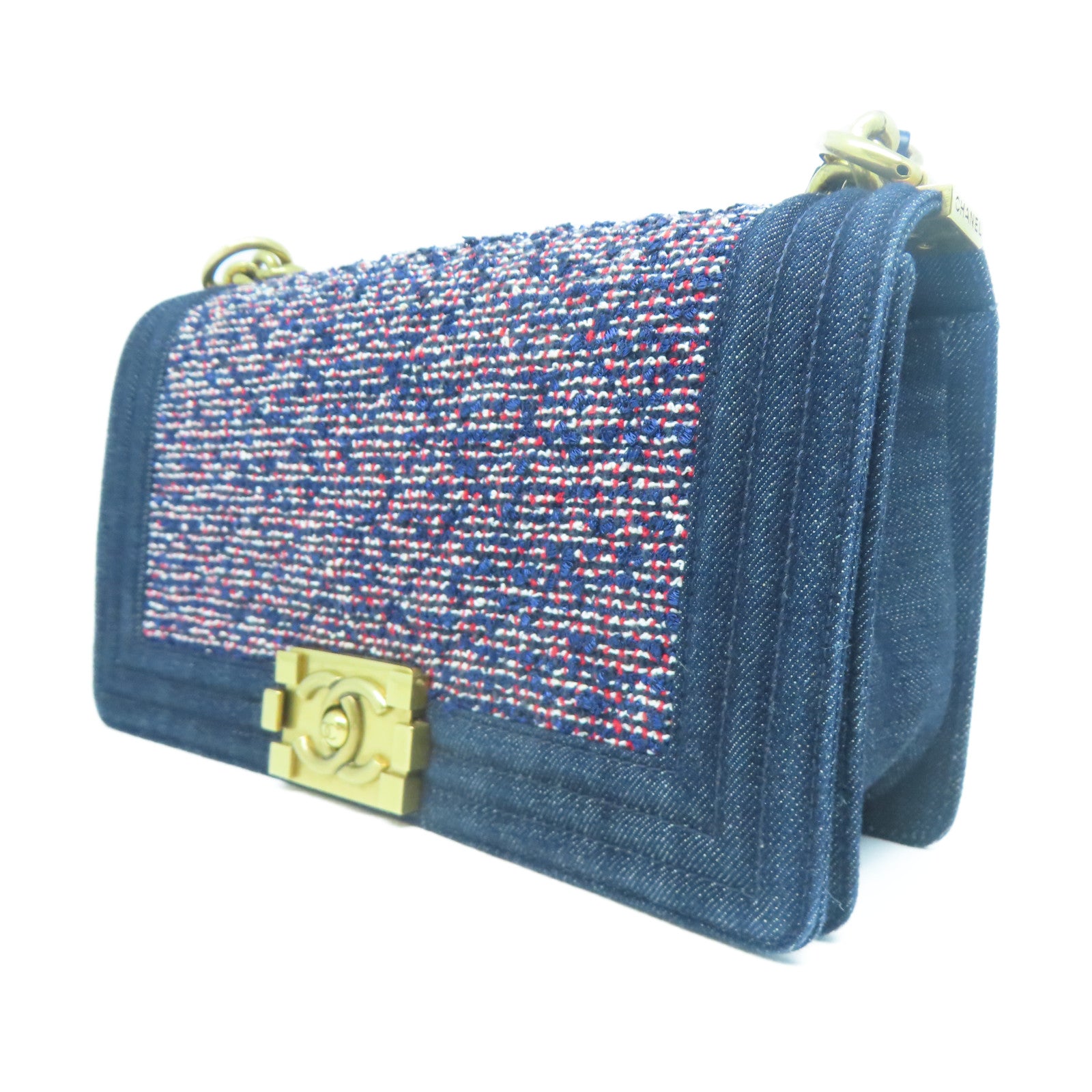 CHANEL 【清倉大減價】Tweed Boy Chanel金扣肩背袋藍色