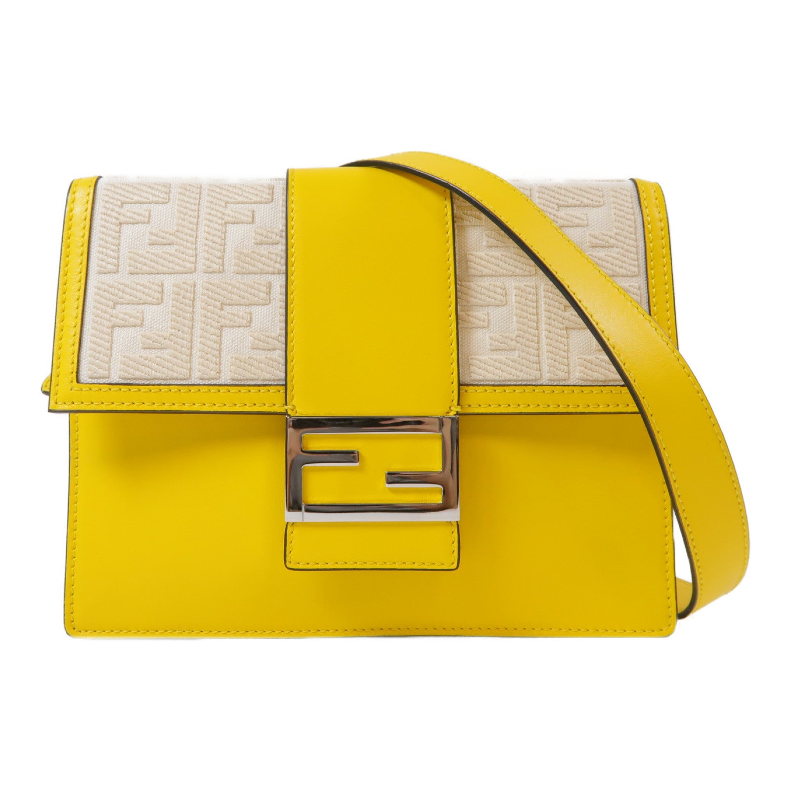 FENDI 【激減優惠】帆布/牛皮皮革Flat Baguette Shoulder Bag銀扣肩背袋黃色/米色