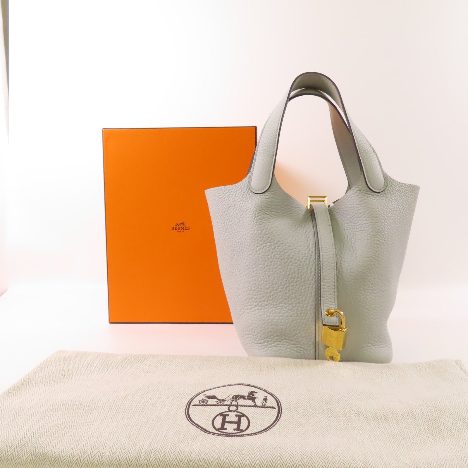 HERMES【激減優惠】 Clemence皮革Picotin PM金扣手挽袋Bleu Pale