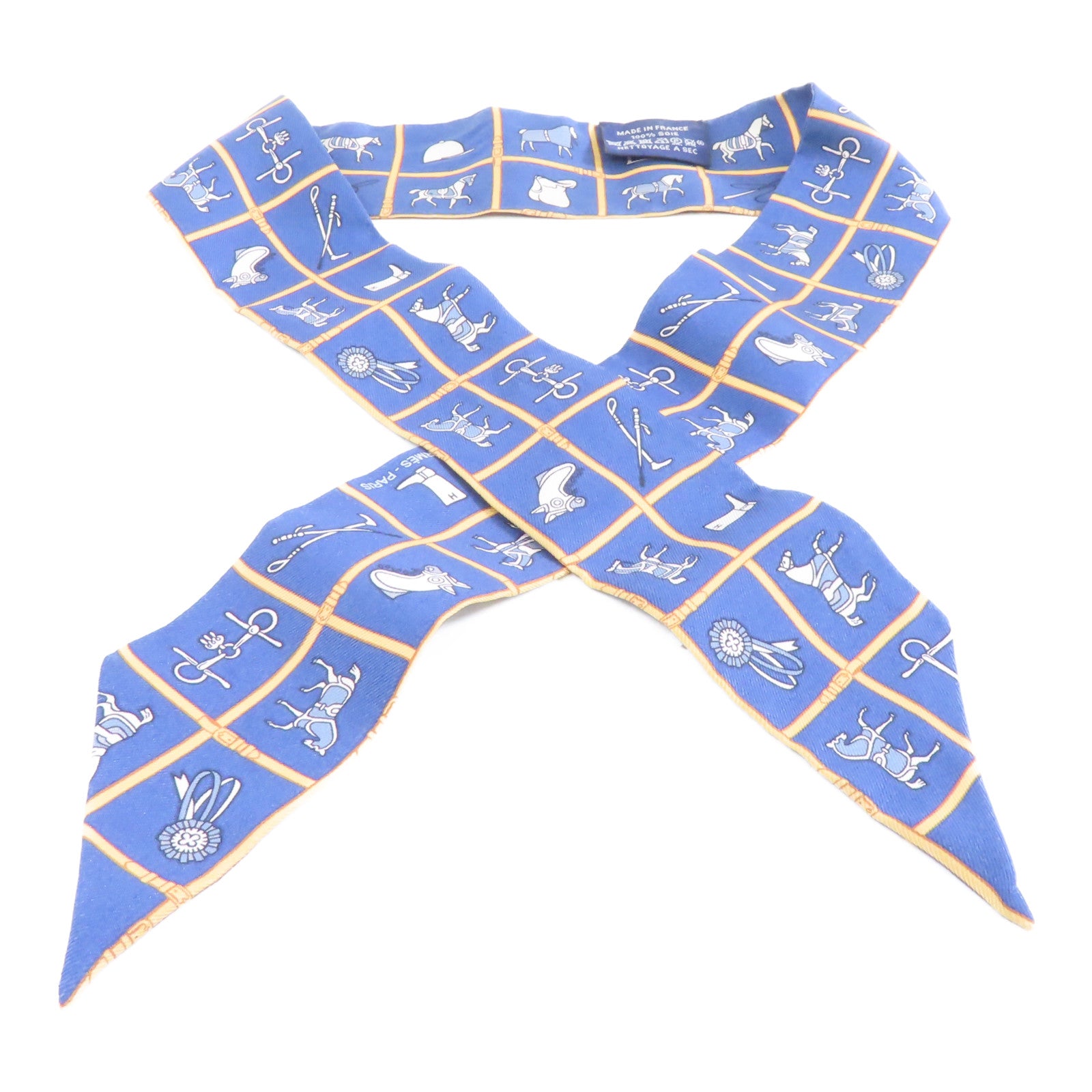 HERMES 絲質Twilly絲巾藍色/米色