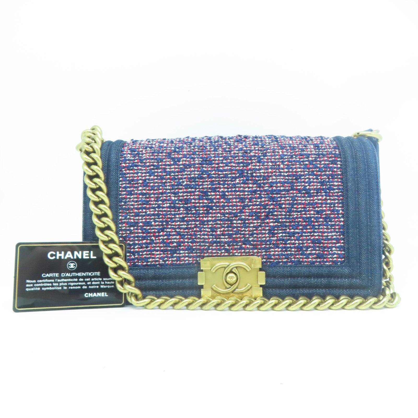 CHANEL 【清倉大減價】Tweed Boy Chanel金扣肩背袋藍色