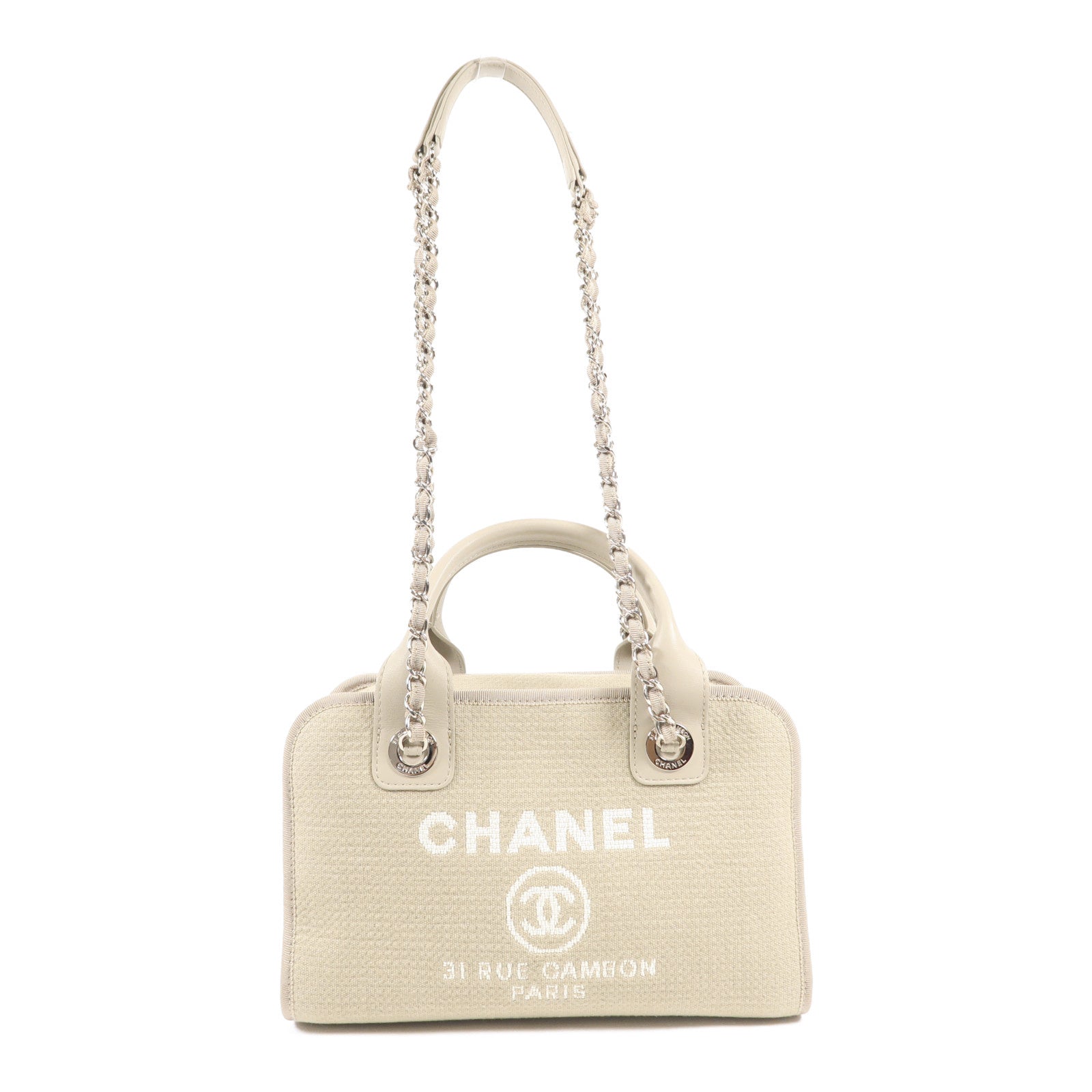 CHANEL 斜紋軟呢Deauville Bowling銀扣手挽肩背兩用袋