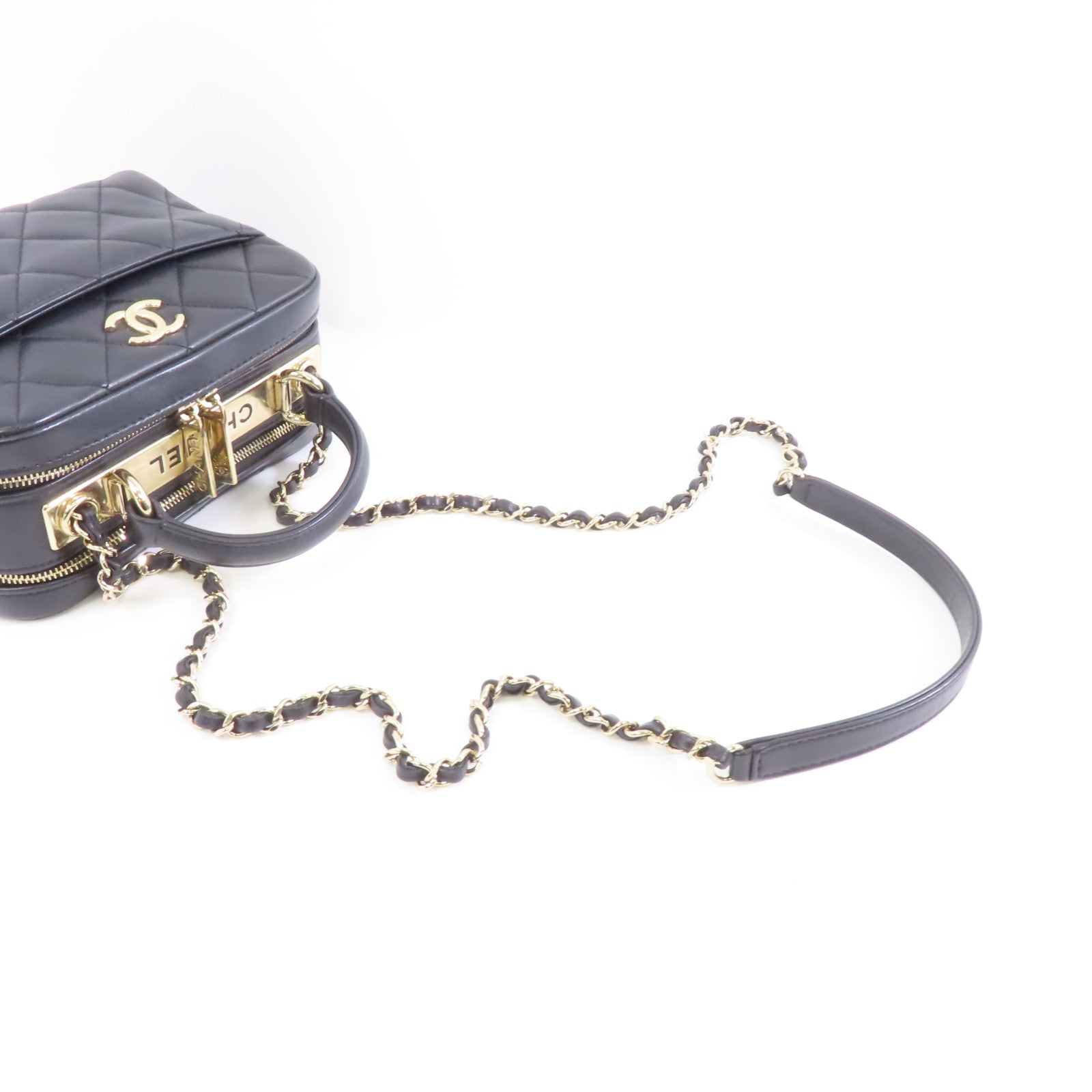 CHANEL 菱格羊皮皮革Small Trendy CC Bowling金扣手挽肩背兩用袋黑色