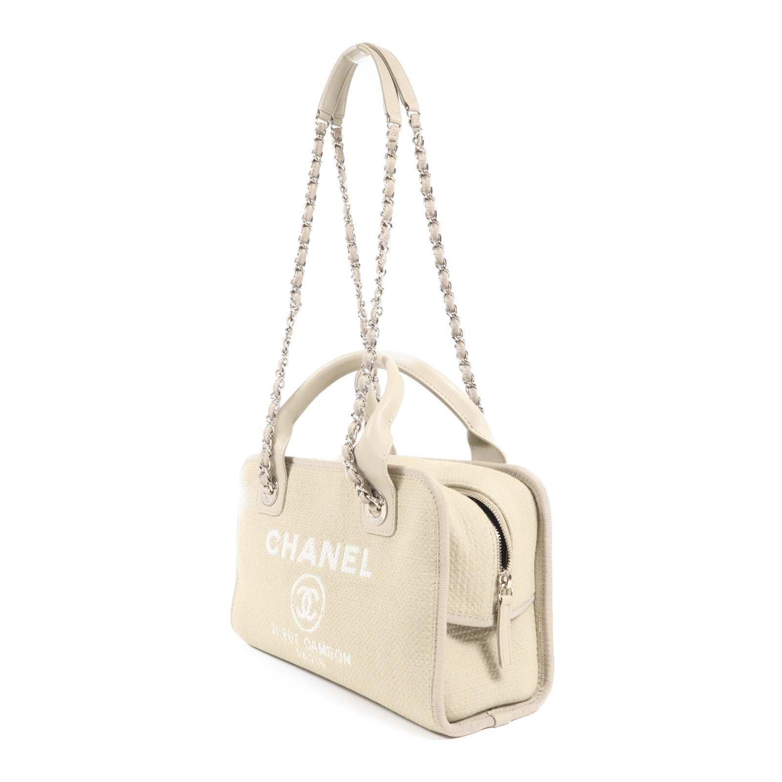CHANEL 斜紋軟呢Deauville Bowling銀扣手挽肩背兩用袋