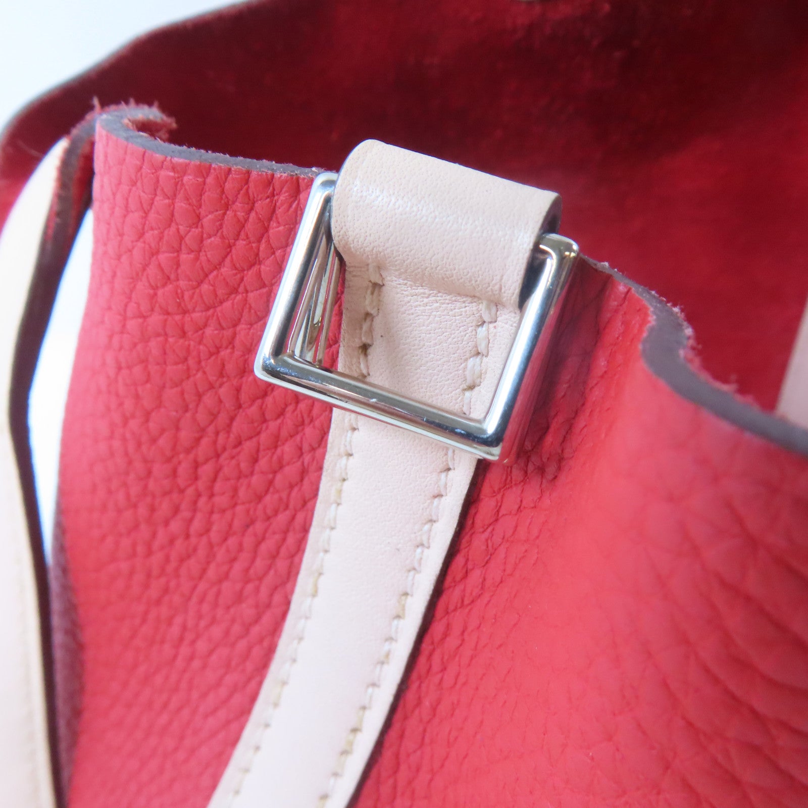 HERMES Clemence皮革/Swift皮革Picotin MM銀扣手挽袋Rose Eglantine/紅色