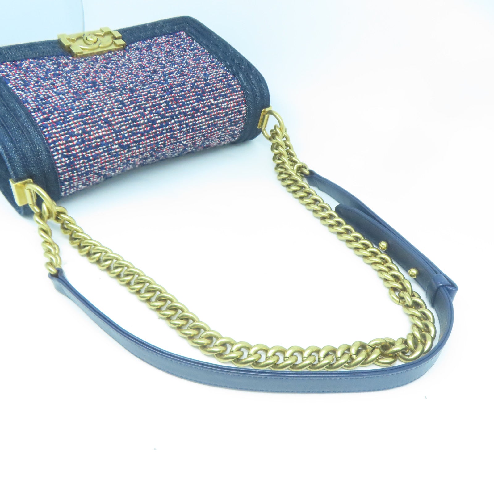 CHANEL 【清倉大減價】Tweed Boy Chanel金扣肩背袋藍色
