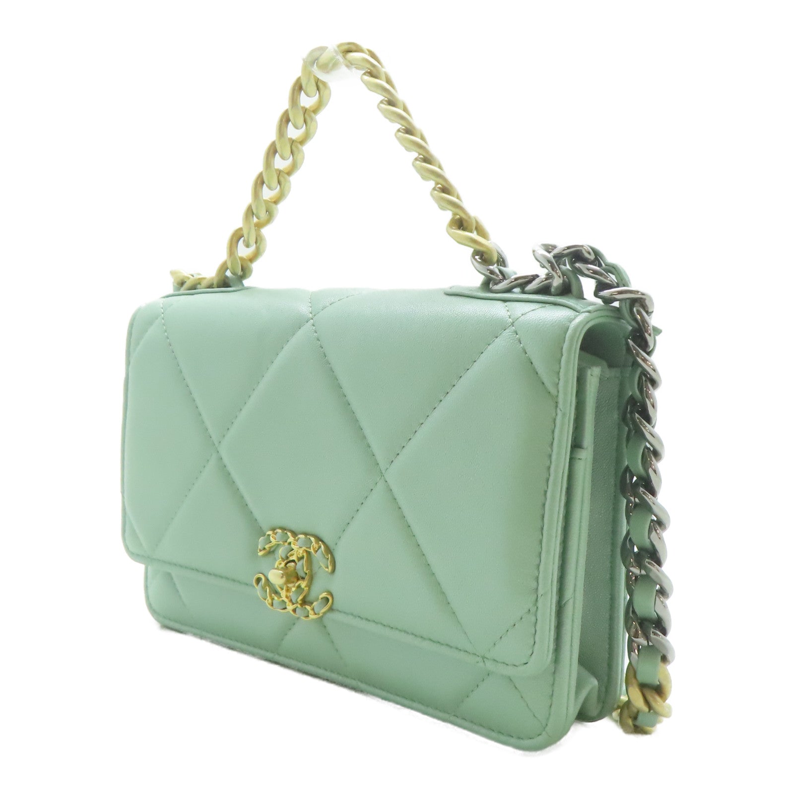CHANEL 【激減優惠】菱格羊皮皮革Chanel 19 Wallet On Chain鏈帶手挽肩背兩用袋綠色