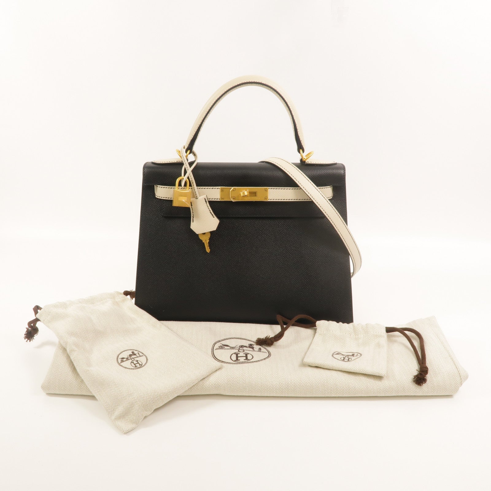 HERMES Epsom皮革Kelly 28 SPO手挽肩背兩用袋Noir/Craie