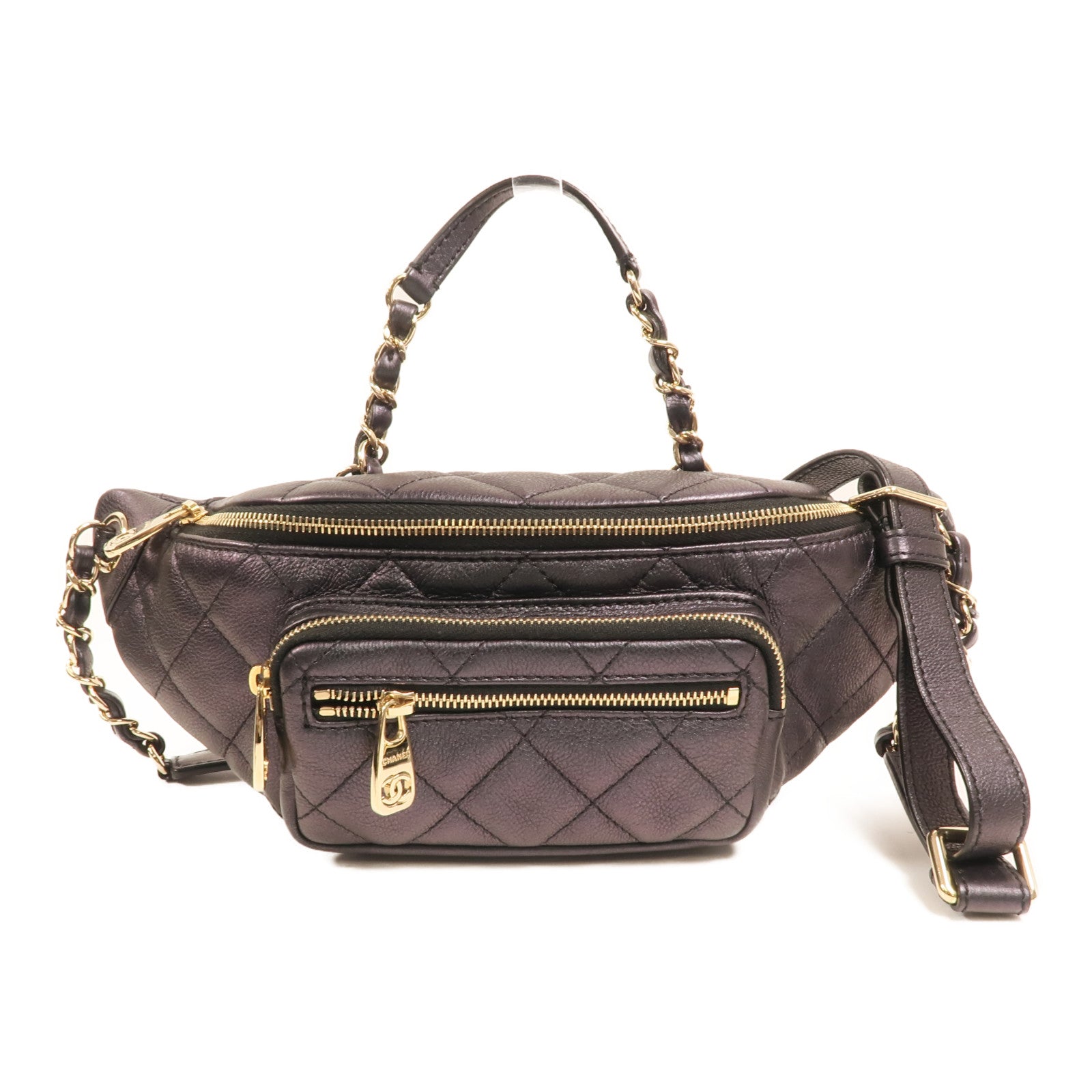 CHANEL 牛皮皮革Waist Bag金扣鏈帶腰包