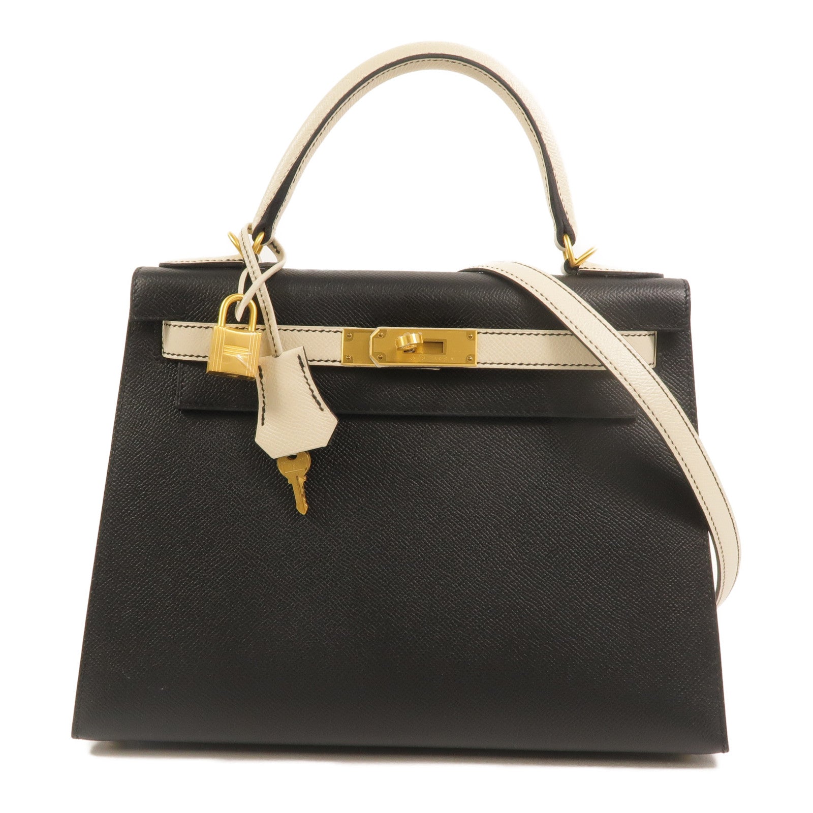 HERMES Epsom皮革Kelly 28 SPO手挽肩背兩用袋Noir/Craie