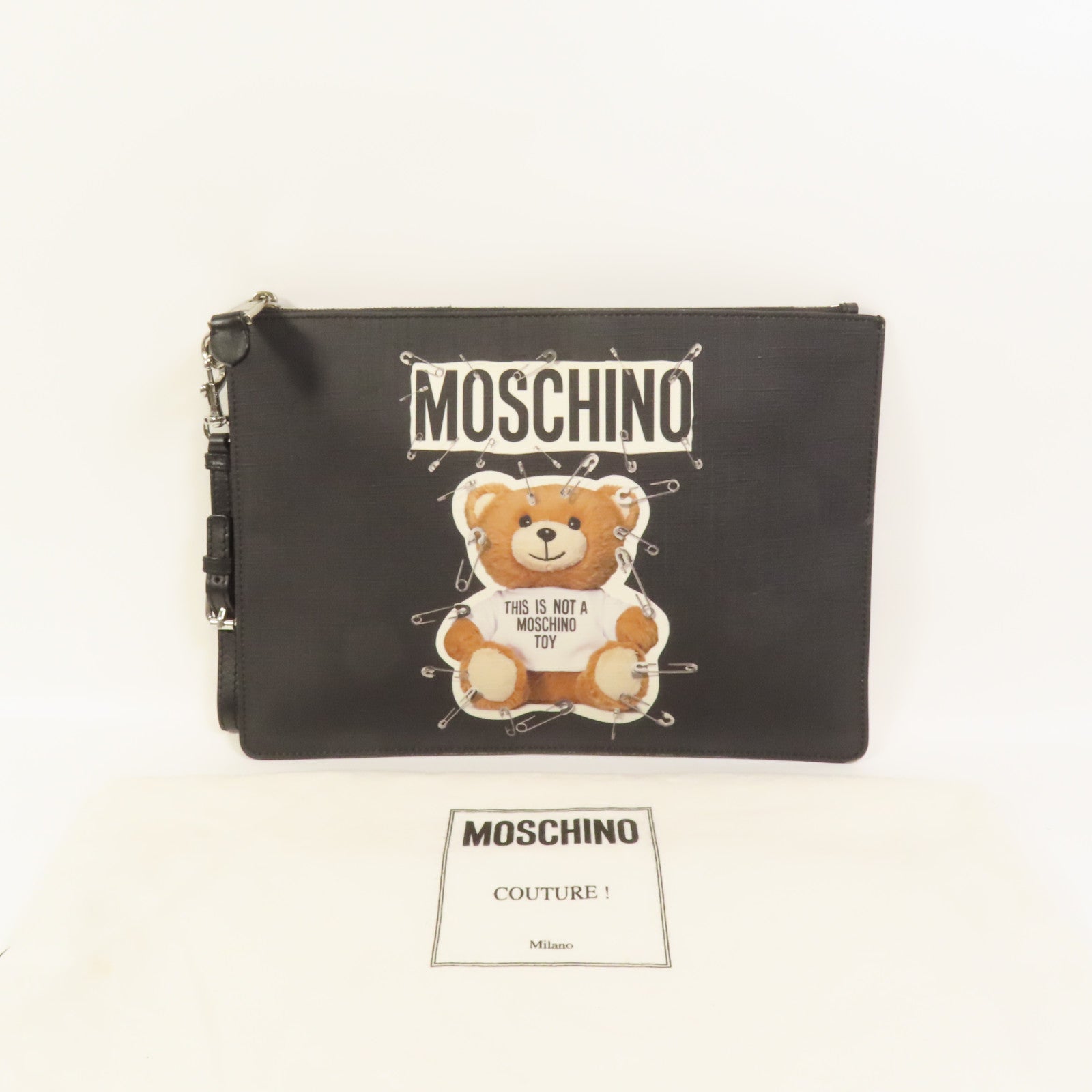 MOSCHINO 塗層帆布Teddy Bear Pouch銀扣手拿包