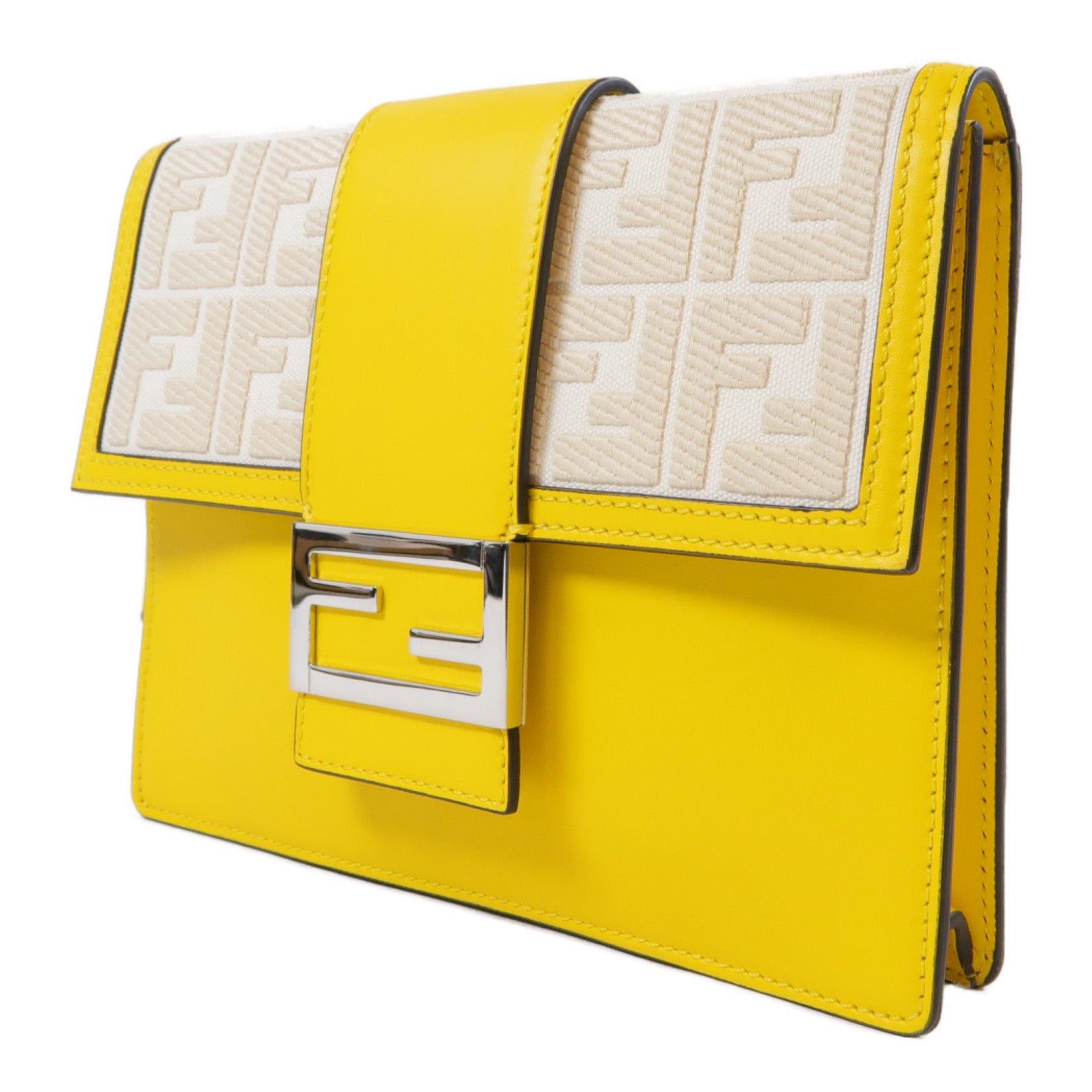 FENDI 【激減優惠】帆布/牛皮皮革Flat Baguette Shoulder Bag銀扣肩背袋黃色/米色