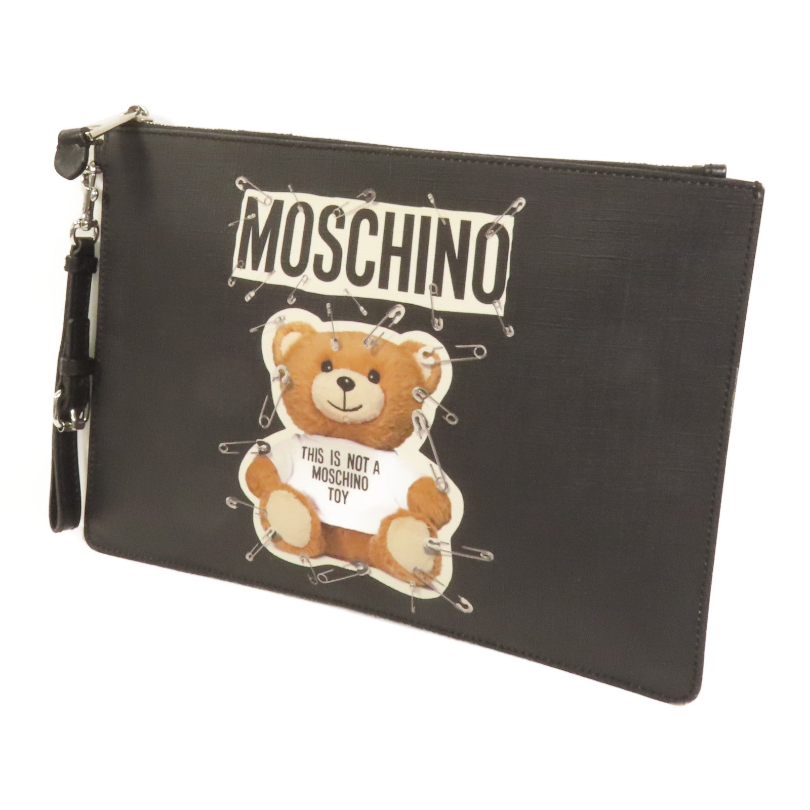MOSCHINO 塗層帆布Teddy Bear Pouch銀扣手拿包