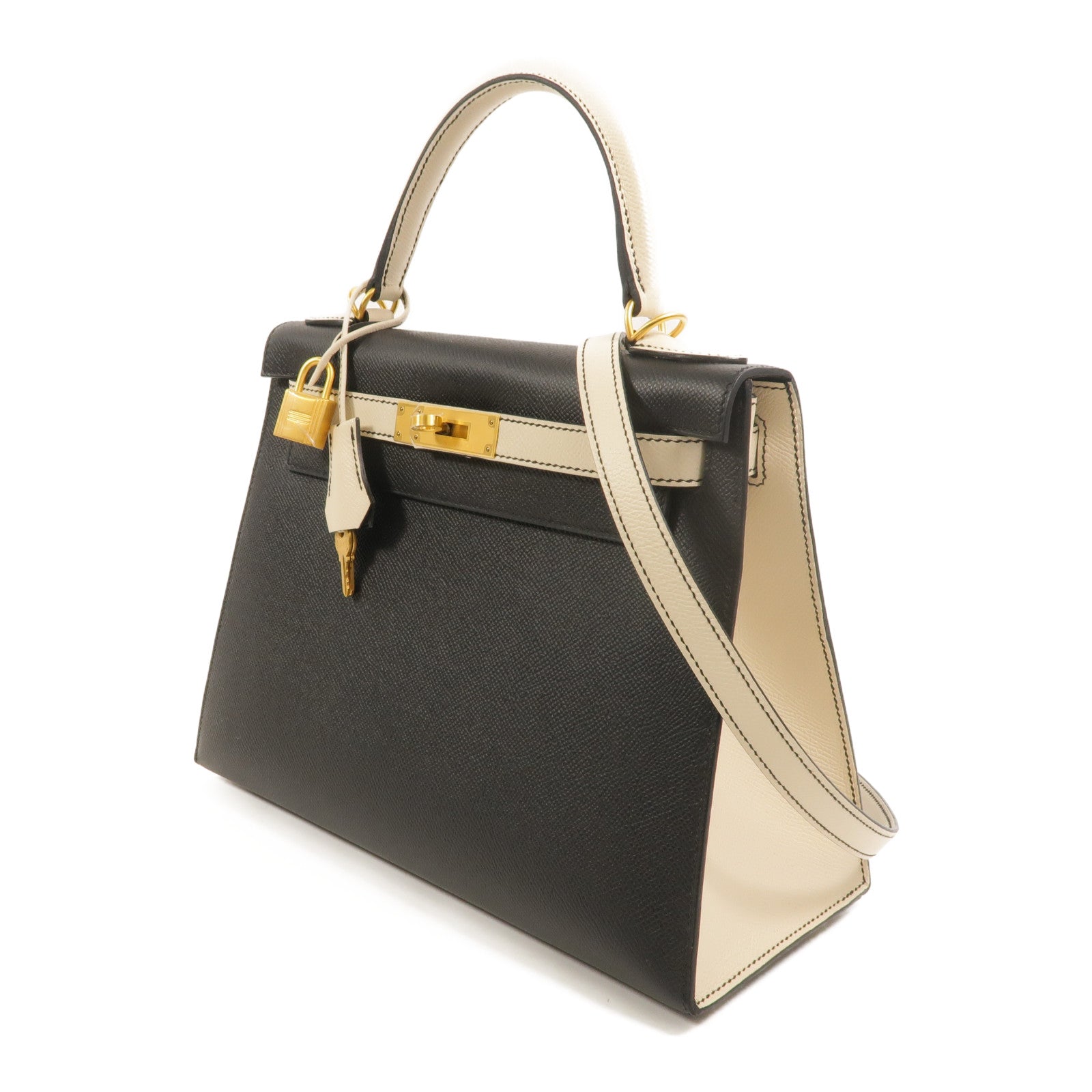 HERMES Epsom皮革Kelly 28 SPO手挽肩背兩用袋Noir/Craie