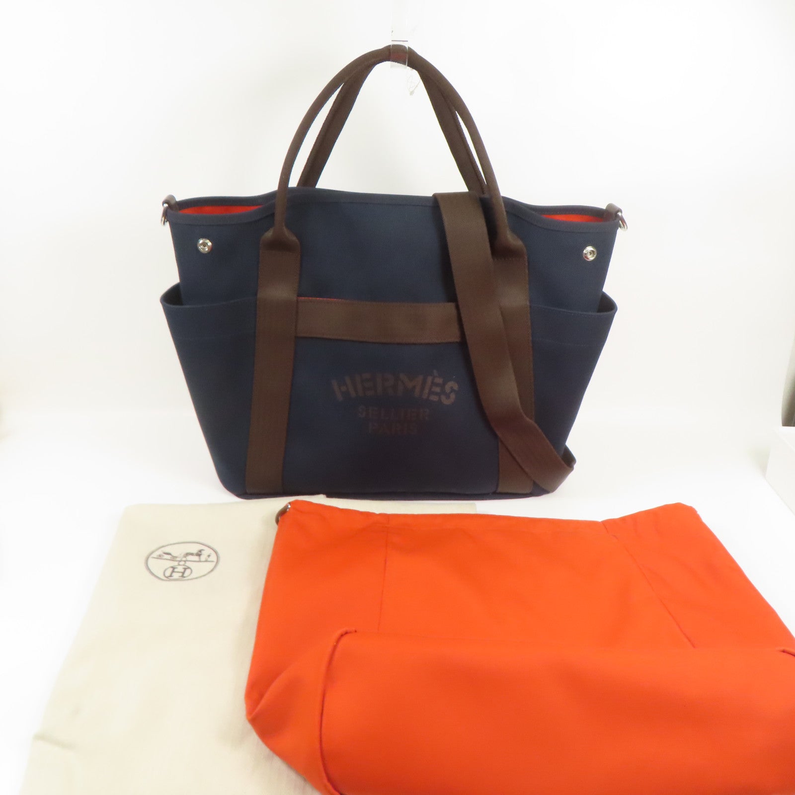 HERMES PHW Sac De Pansage Groom 2 Way Shoulder Bag Canvas Navy