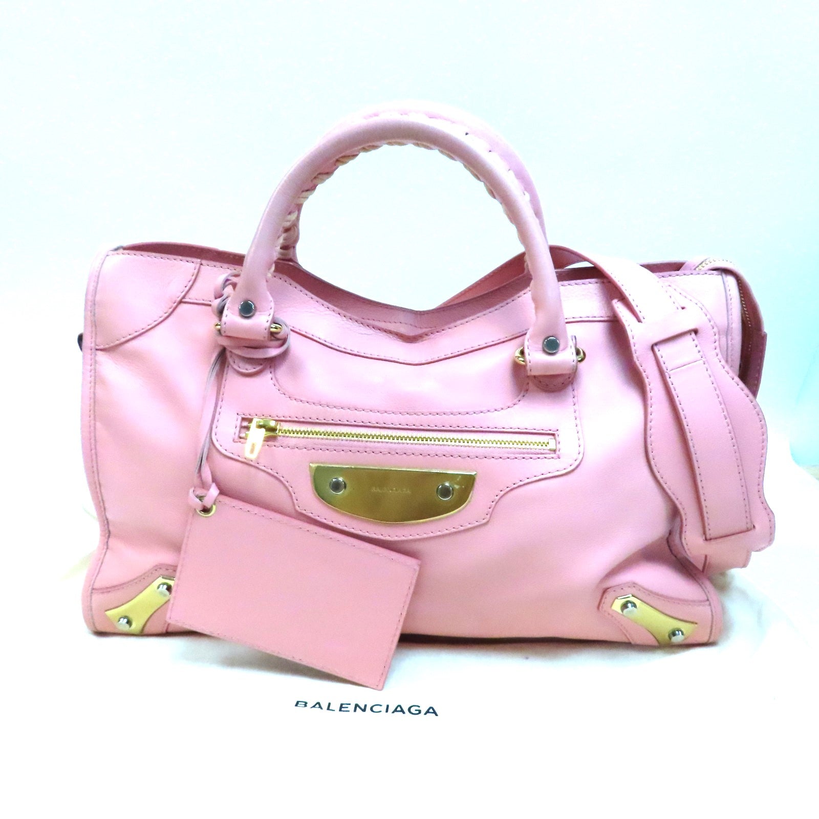 BALENCIAGA 牛皮皮革City Metal Plate金扣手挽肩背兩用袋粉紅色