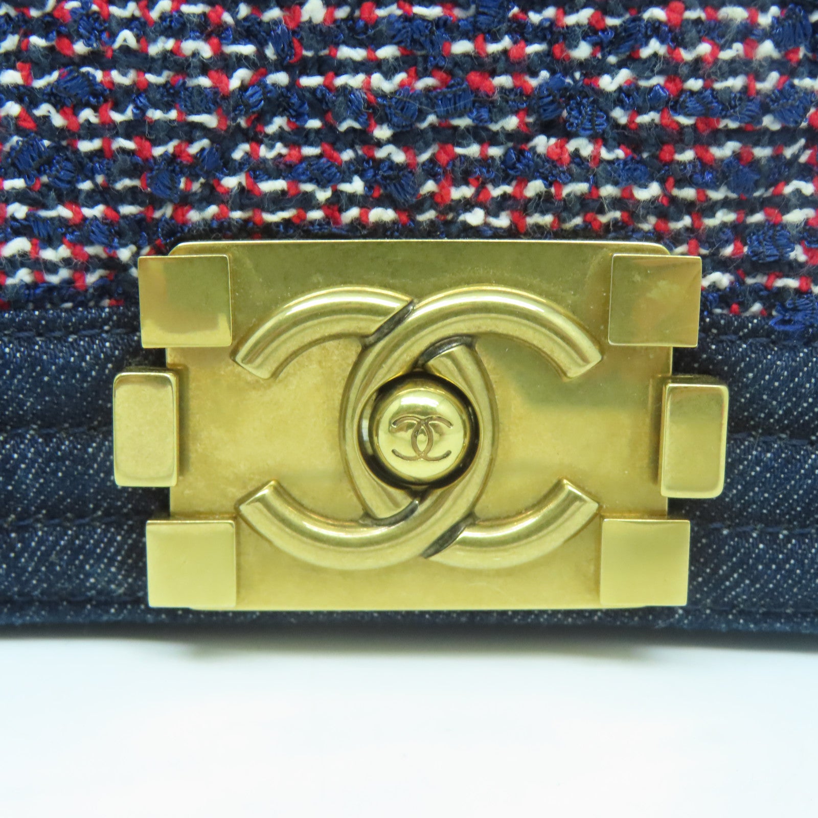CHANEL 【清倉大減價】Tweed Boy Chanel金扣肩背袋藍色