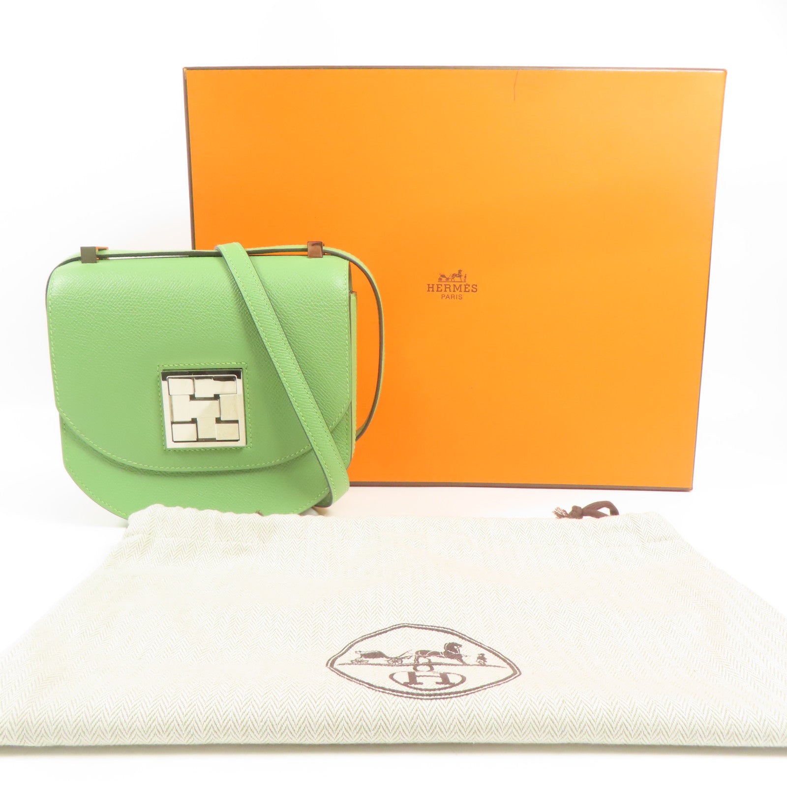 HERMES Epsom皮革Mosaique Mini銀扣肩背袋Vert Criquet