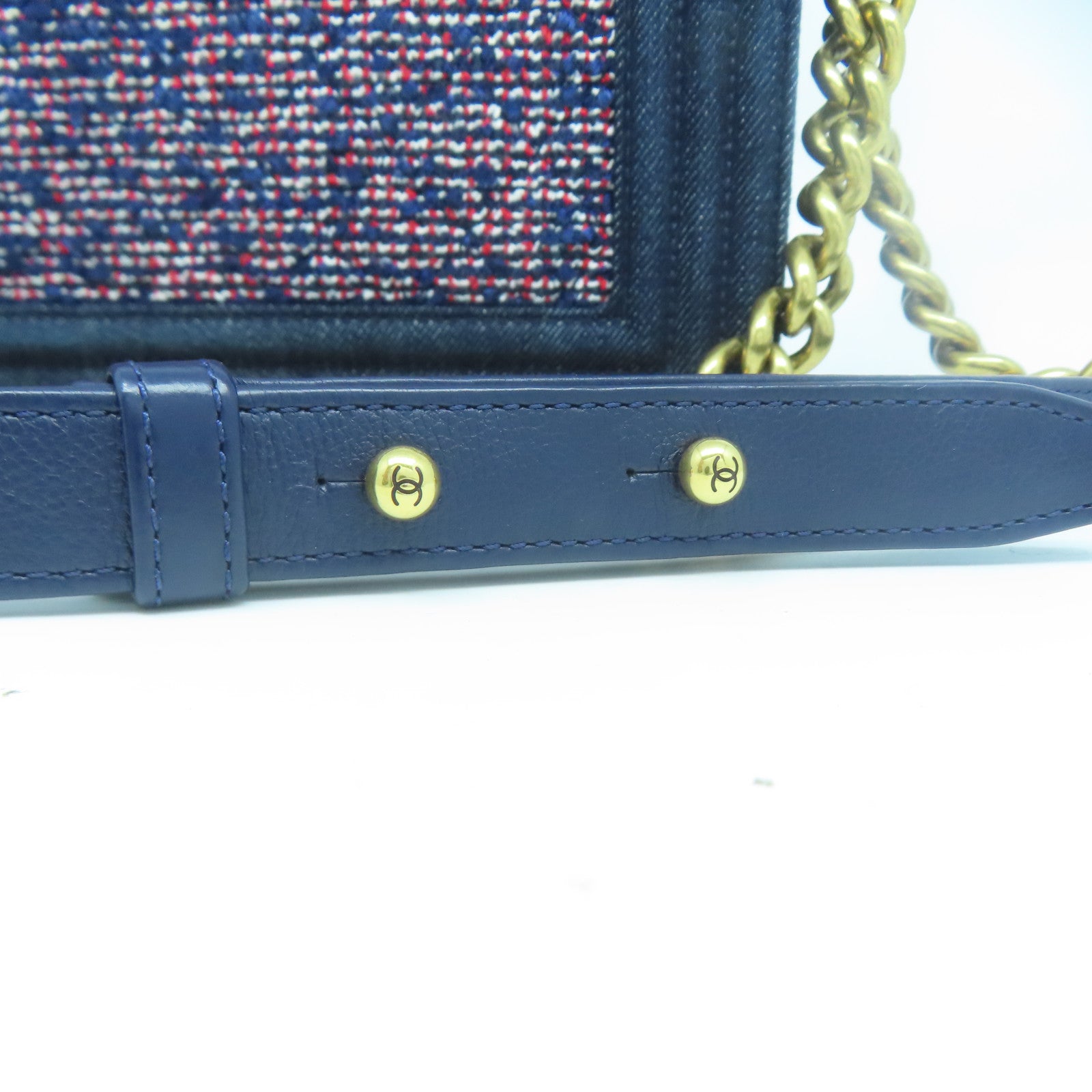 CHANEL 【清倉大減價】Tweed Boy Chanel金扣肩背袋藍色