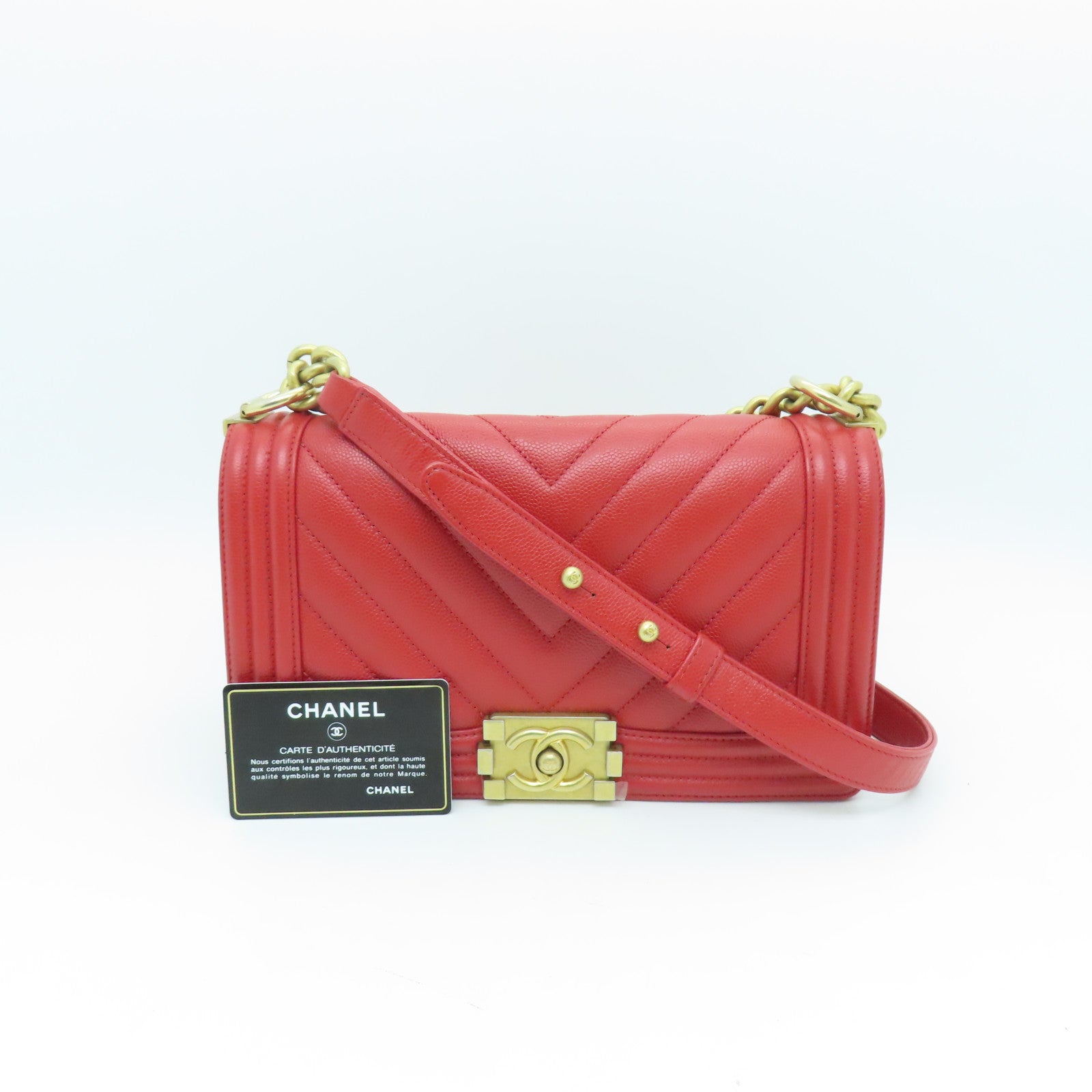 CHANEL 【清倉大減價】斜紋Caviar皮革Boy 25金扣鏈帶肩背袋紅色