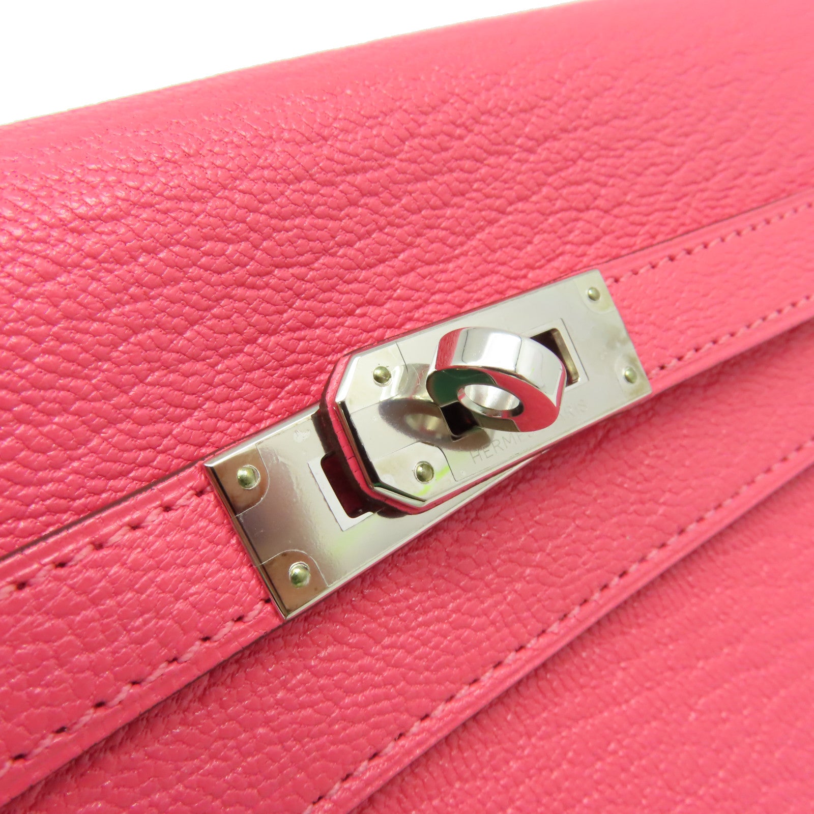 HERMES Chevre皮革Kelly Long Wallet銀扣長錢包Rose Lipstick唇膏桃紅色