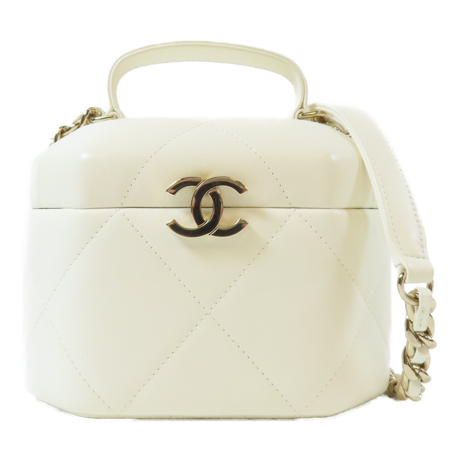 CHANEL 菱格羊皮皮革Vanity Case金扣手挽肩背兩用袋白色