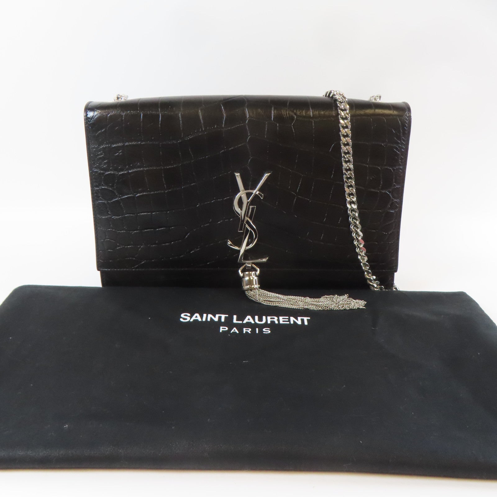 SAINT LAURENT 皮革Chain Shoulder銀扣鏈帶肩背袋黑色
