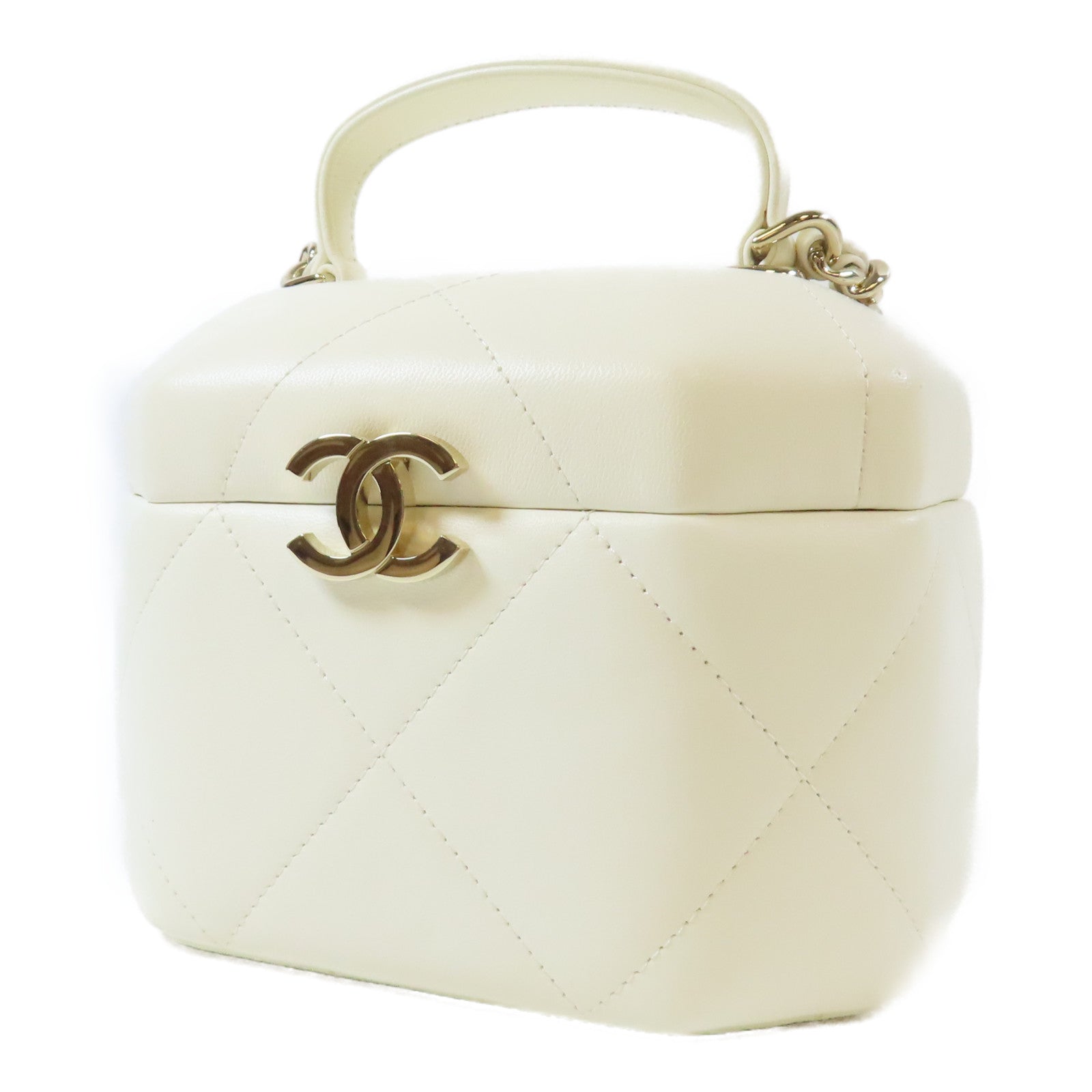 CHANEL 菱格羊皮皮革Vanity Case金扣手挽肩背兩用袋白色
