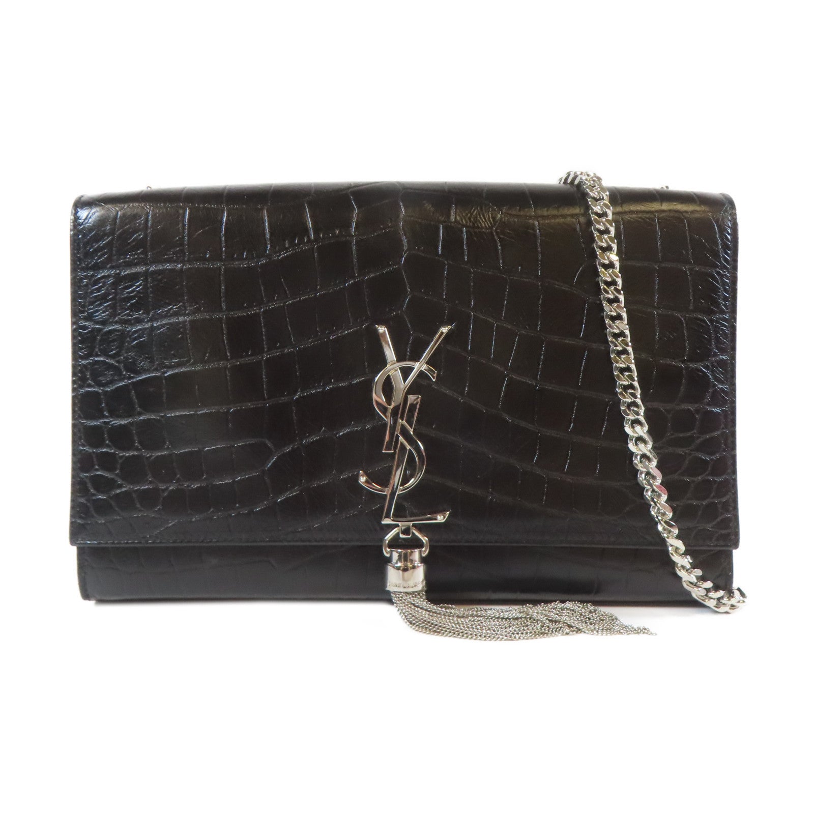 SAINT LAURENT 皮革Chain Shoulder銀扣鏈帶肩背袋黑色