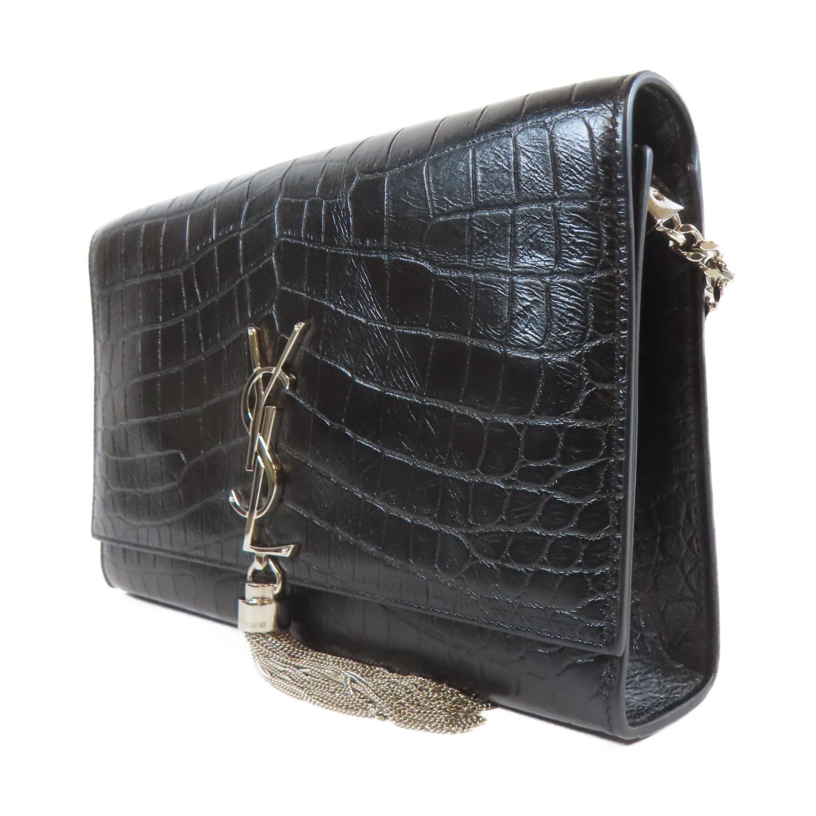 SAINT LAURENT 皮革Chain Shoulder銀扣鏈帶肩背袋黑色