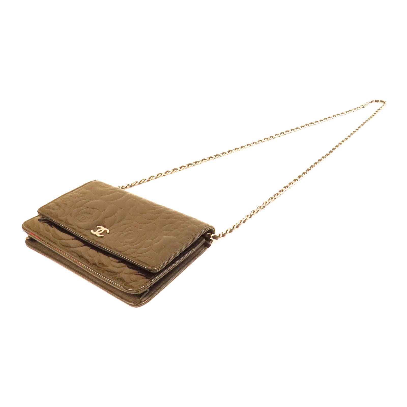 CHANEL 漆皮皮革Camellia Wallet On Chain銀扣鏈帶肩背袋黑色