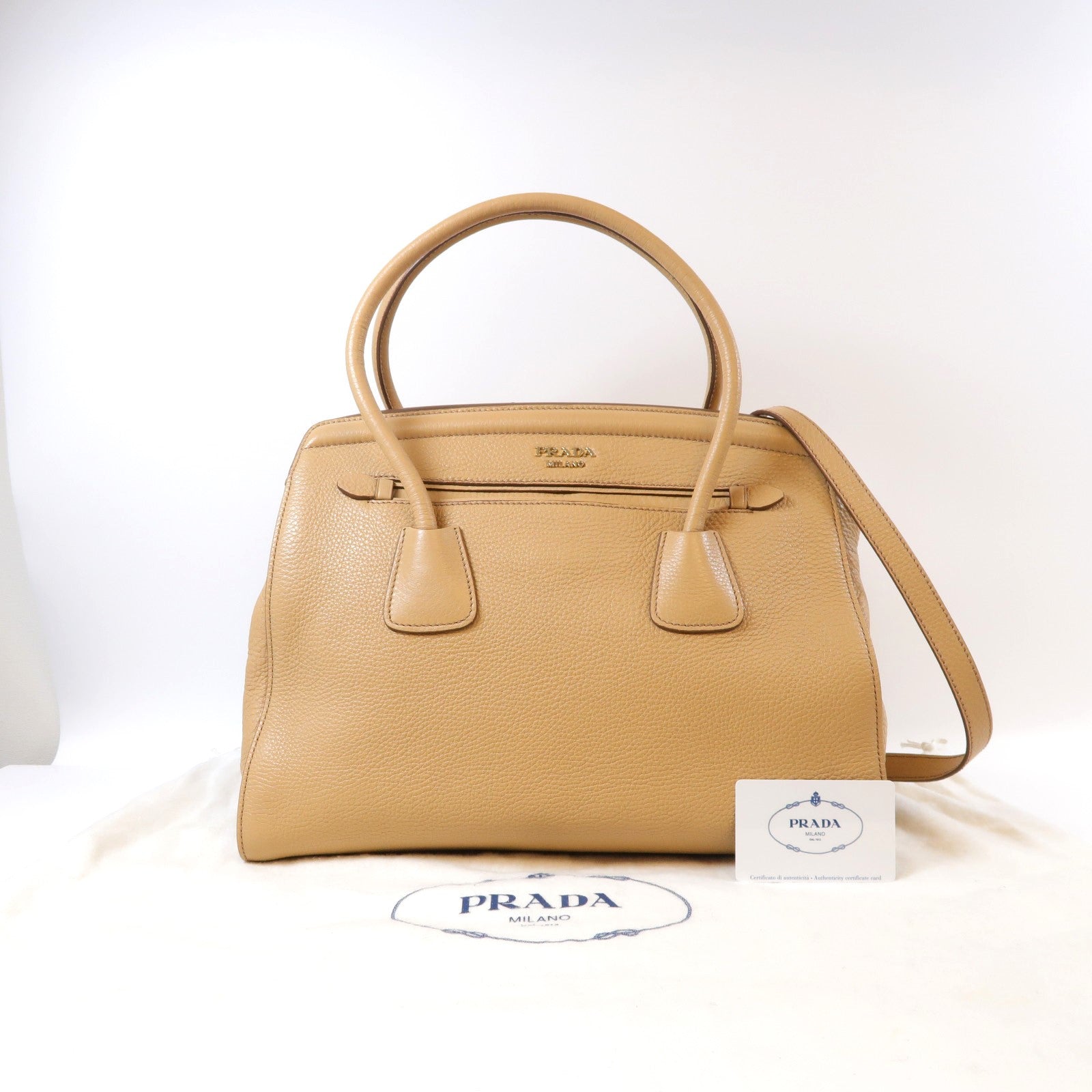 PRADA 牛皮皮革Top Handle Tote金扣手挽肩背兩用袋米色