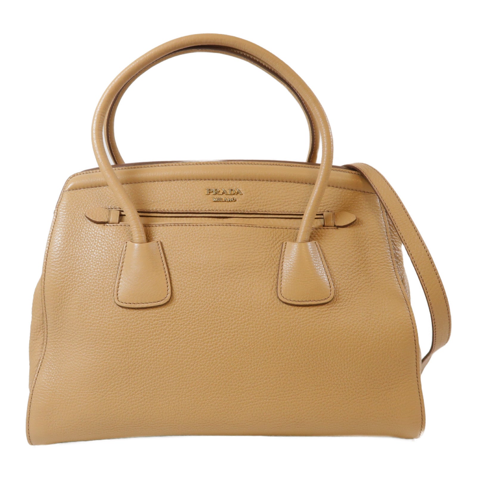 PRADA 牛皮皮革Top Handle Tote金扣手挽肩背兩用袋米色