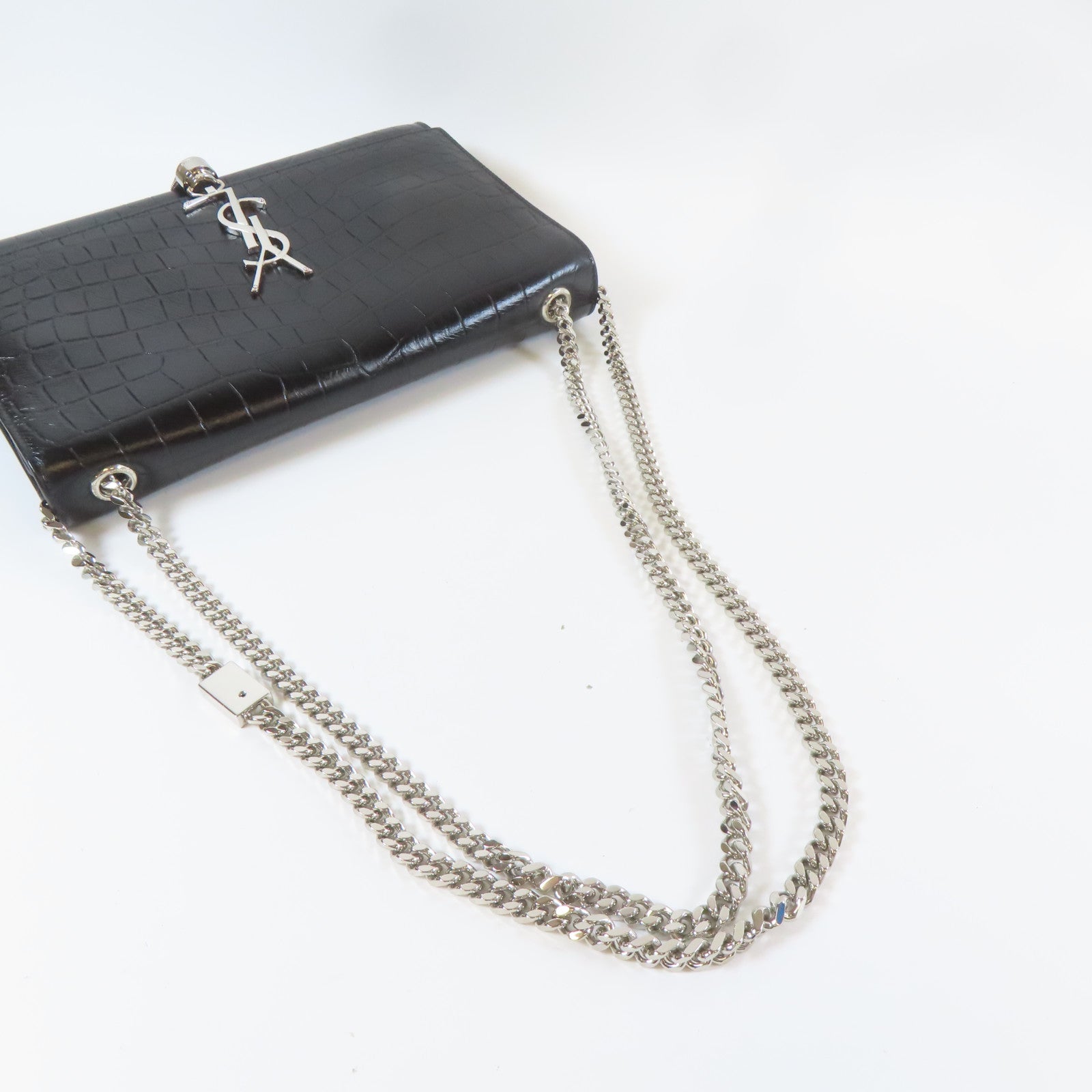SAINT LAURENT 皮革Chain Shoulder銀扣鏈帶肩背袋黑色
