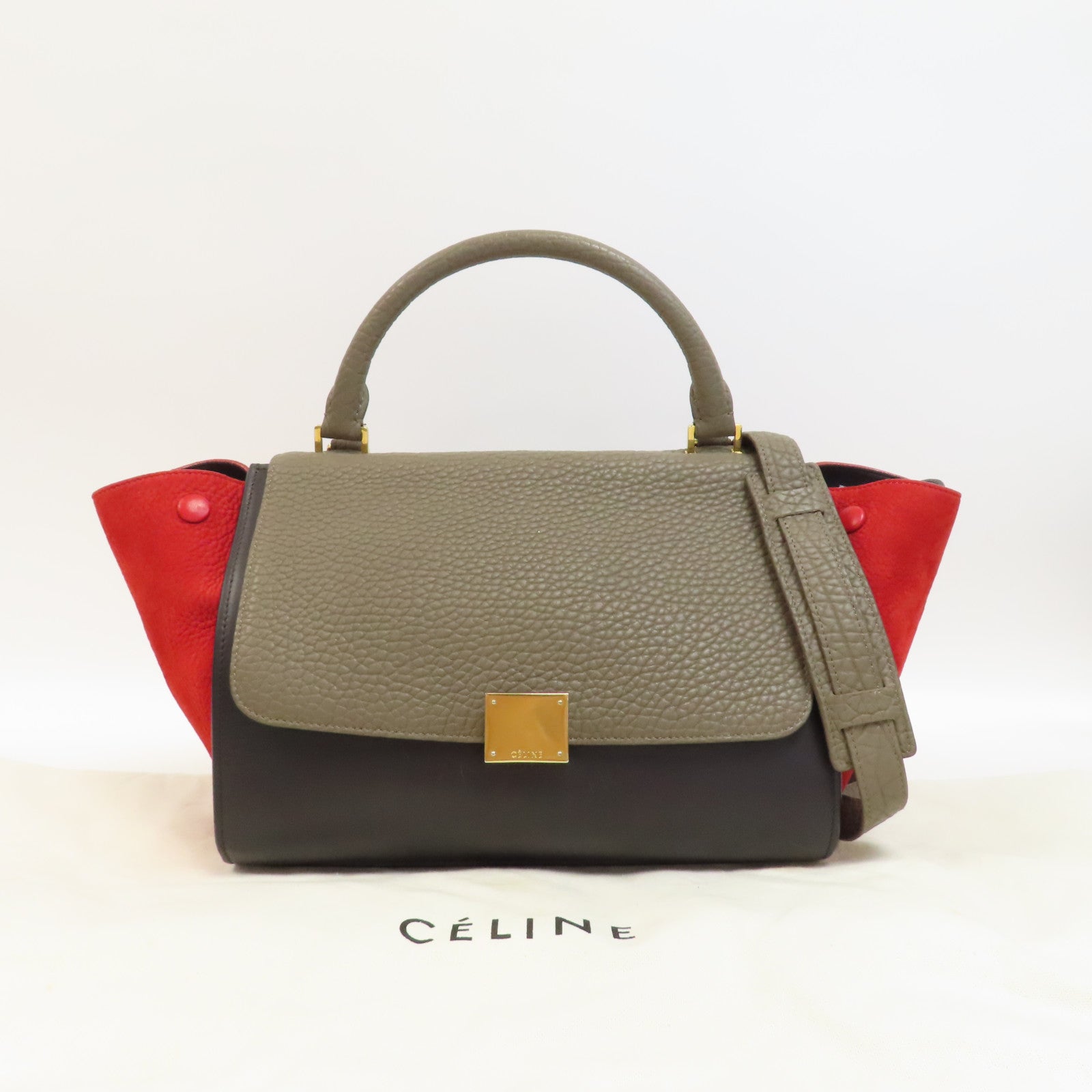 CELINE 牛皮皮革Trapeze PM金扣手挽肩背兩用袋灰色/紅色/黑色