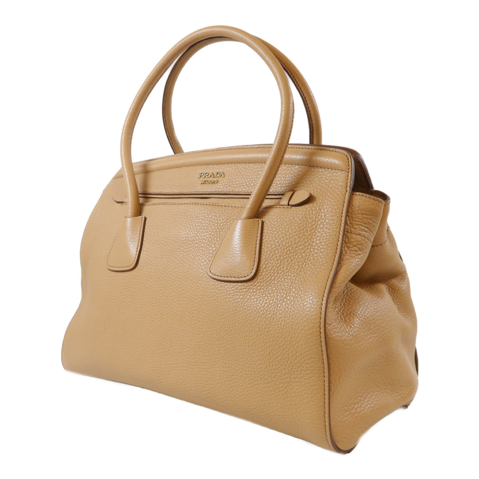 PRADA 牛皮皮革Top Handle Tote金扣手挽肩背兩用袋米色
