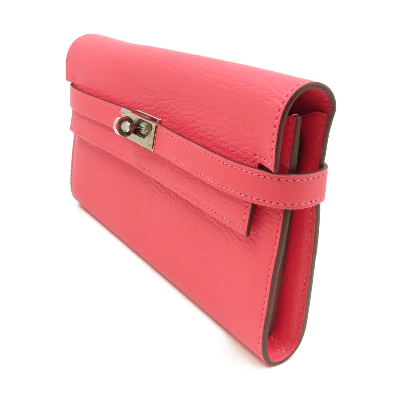 HERMES Chevre皮革Kelly Long Wallet銀扣長錢包Rose Lipstick唇膏桃紅色