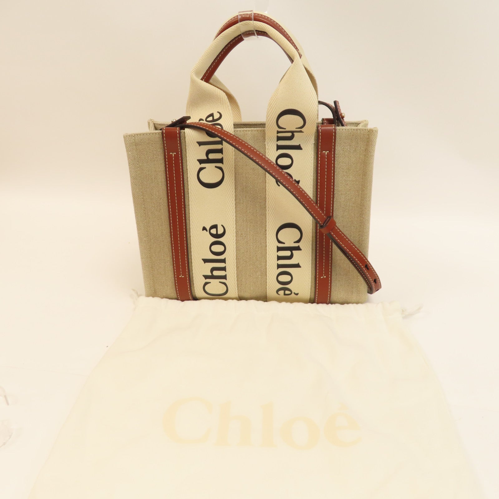 Chloe 帆布Small Woody Tote bag金扣手挽肩背兩用袋米色/啡色