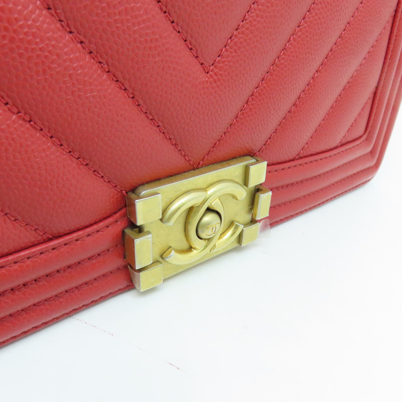 CHANEL 【清倉大減價】斜紋Caviar皮革Boy 25金扣鏈帶肩背袋紅色