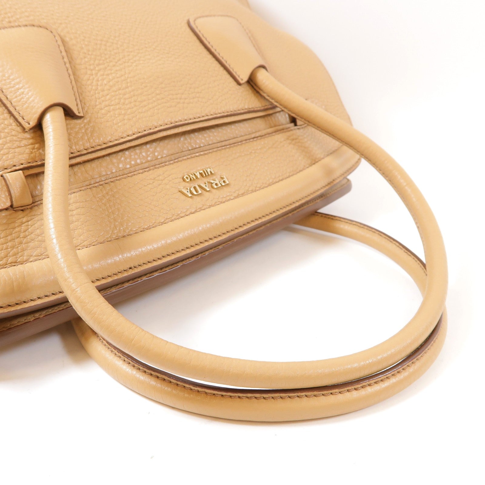 PRADA 牛皮皮革Top Handle Tote金扣手挽肩背兩用袋米色