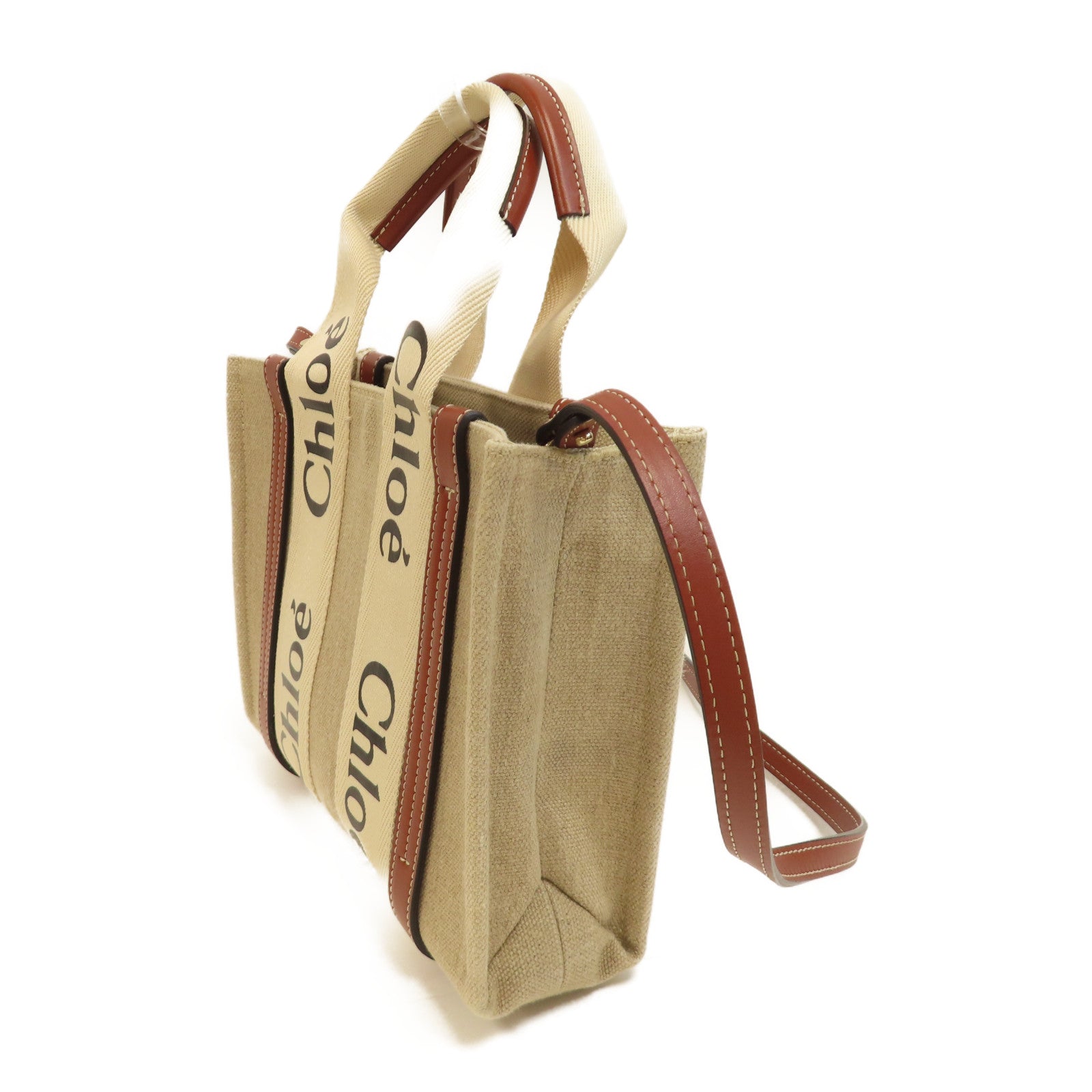 Chloe 帆布Small Woody Tote bag金扣手挽肩背兩用袋米色/啡色