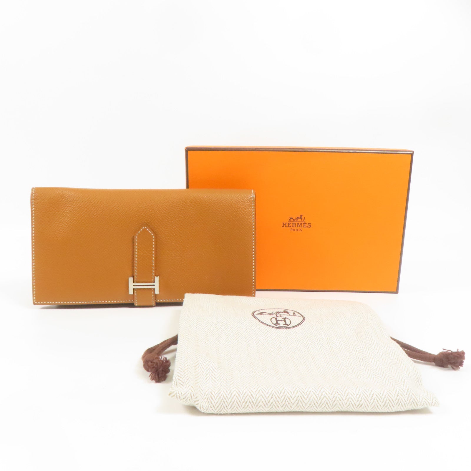 HERMES Epsom皮革Bearn W Snap銀扣長錢包Gold