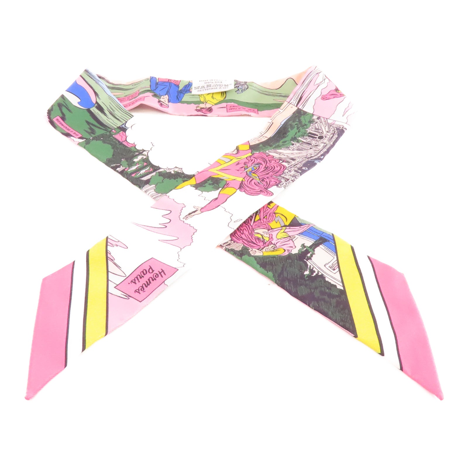 HERMES 絲質Twilly絲巾粉紅色/綠色/彩色
